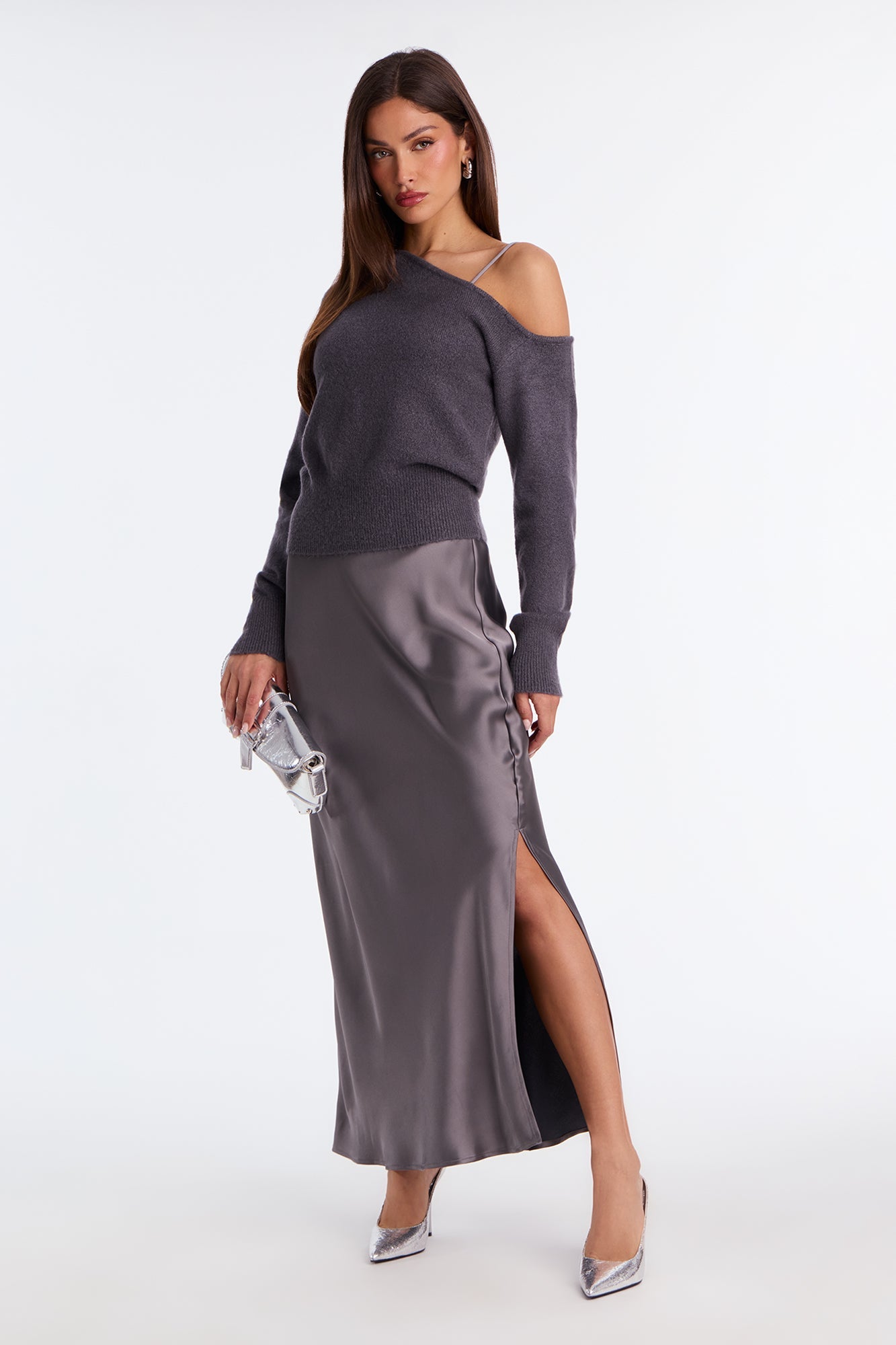 Warm Kiss Satin Sweater Maxi Dress Set - Charcoal