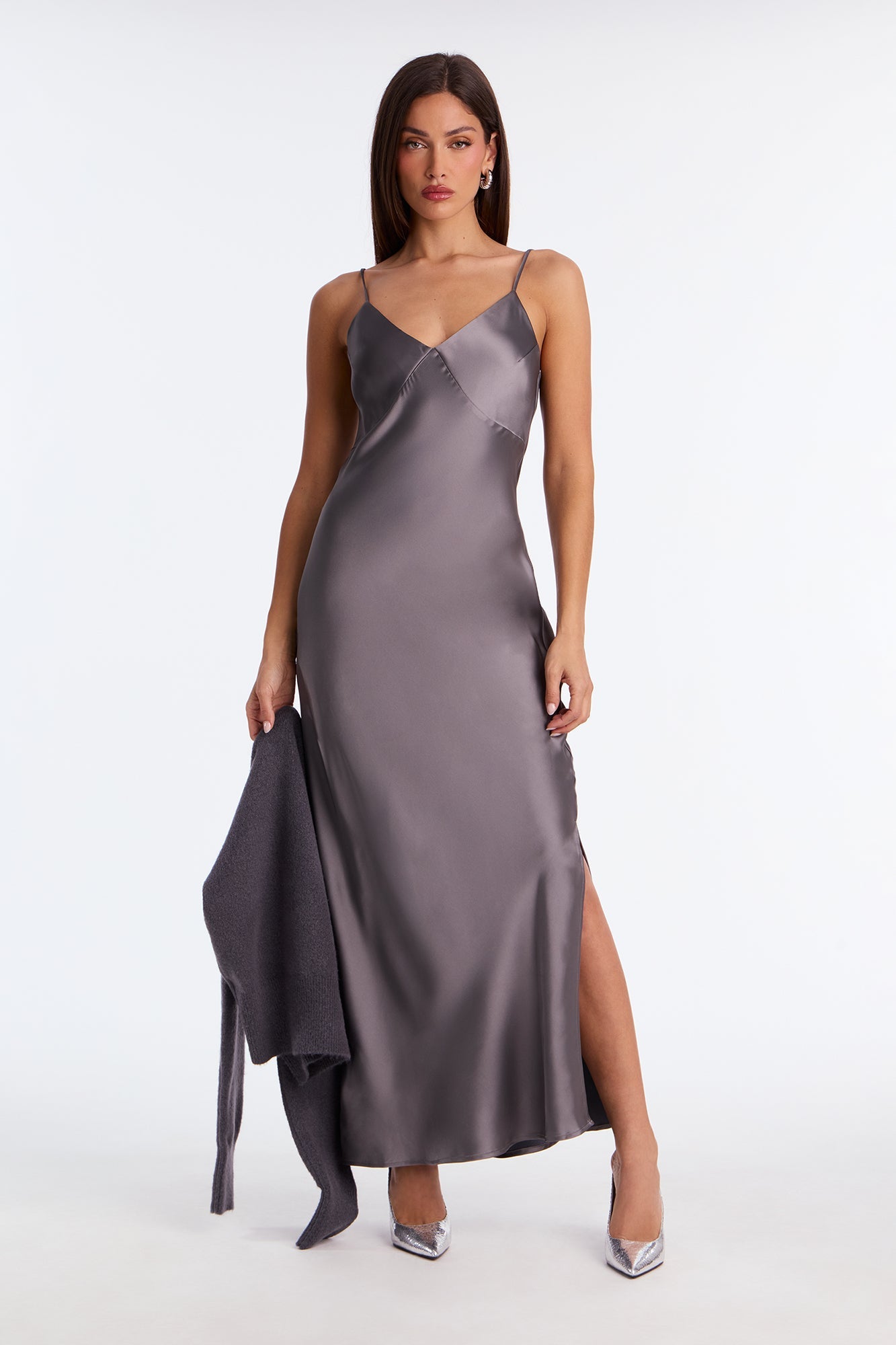 Warm Kiss Satin Sweater Maxi Dress Set - Charcoal