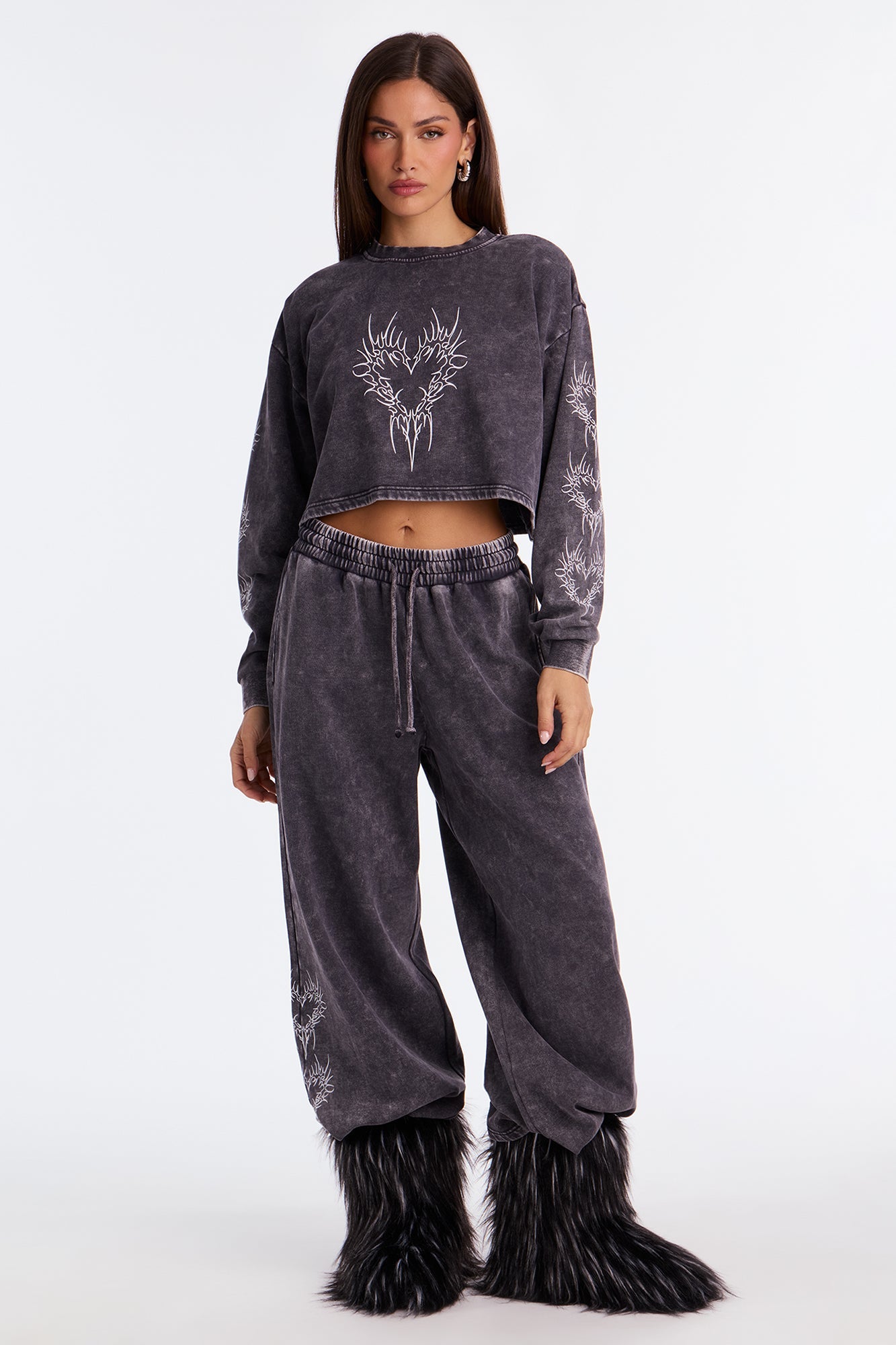 Heart Of Flames Washed Fleece Pant Set - Charcoal