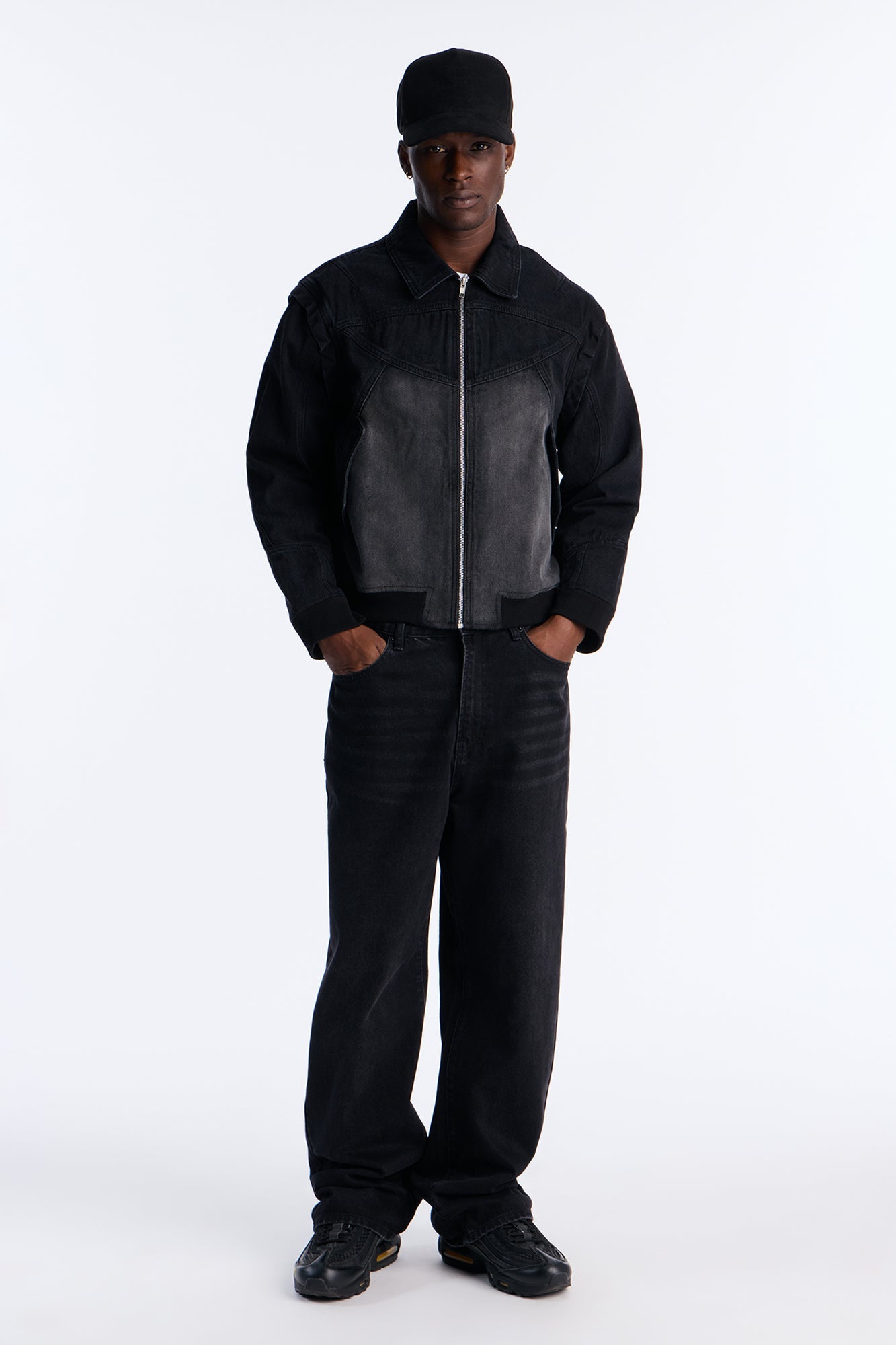 Paneled Denim Bomber Jacket - Black Wash