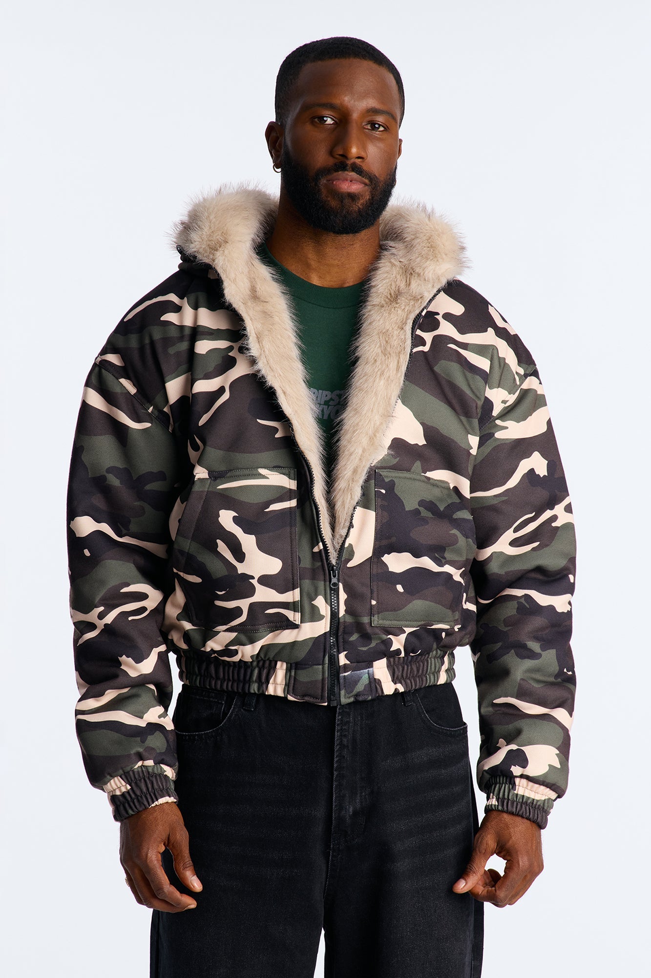 Faux Fur Hooded Zip Up Hoodie - Camouflage