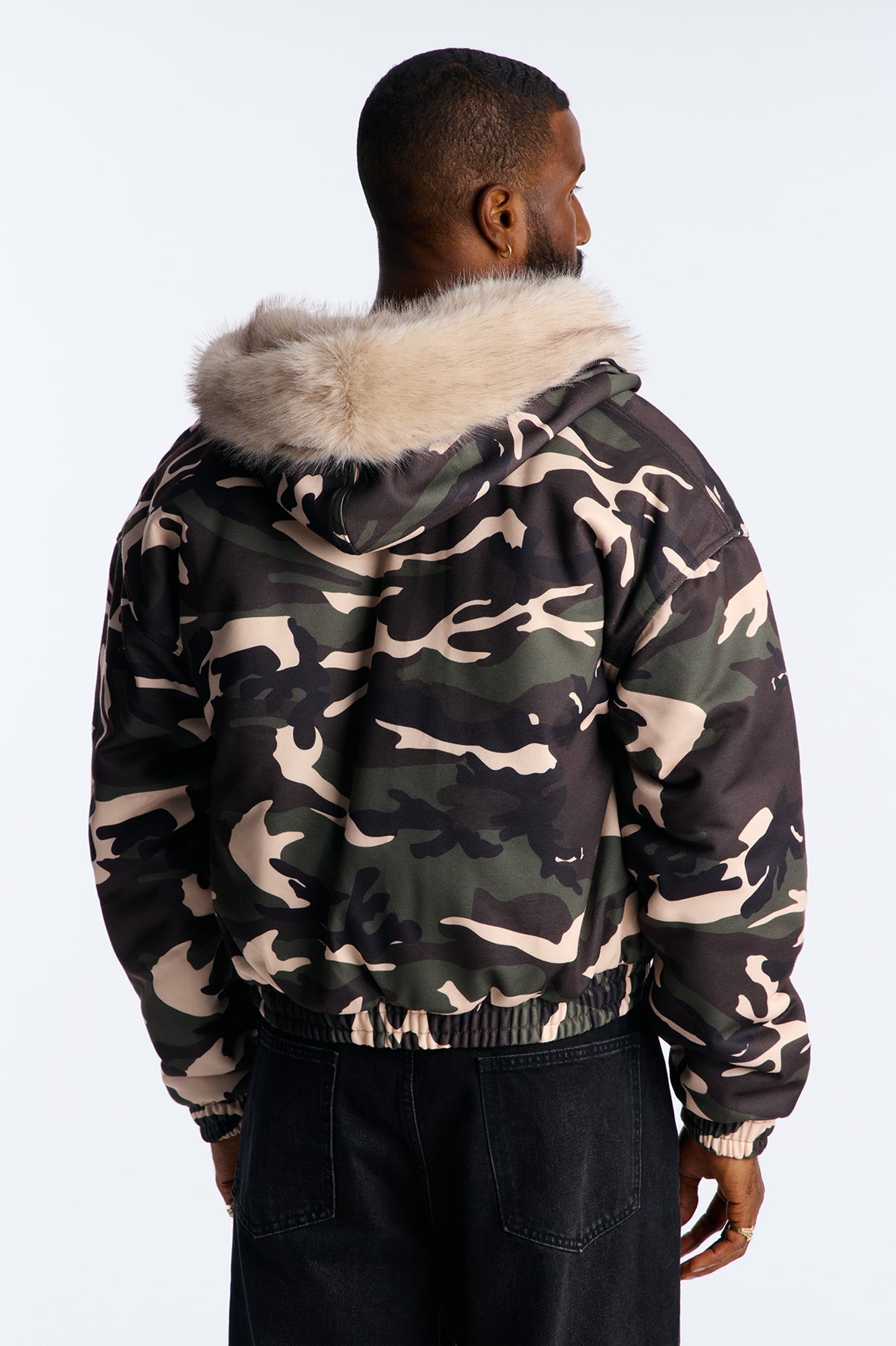 Faux Fur Hooded Zip Up Hoodie - Camouflage
