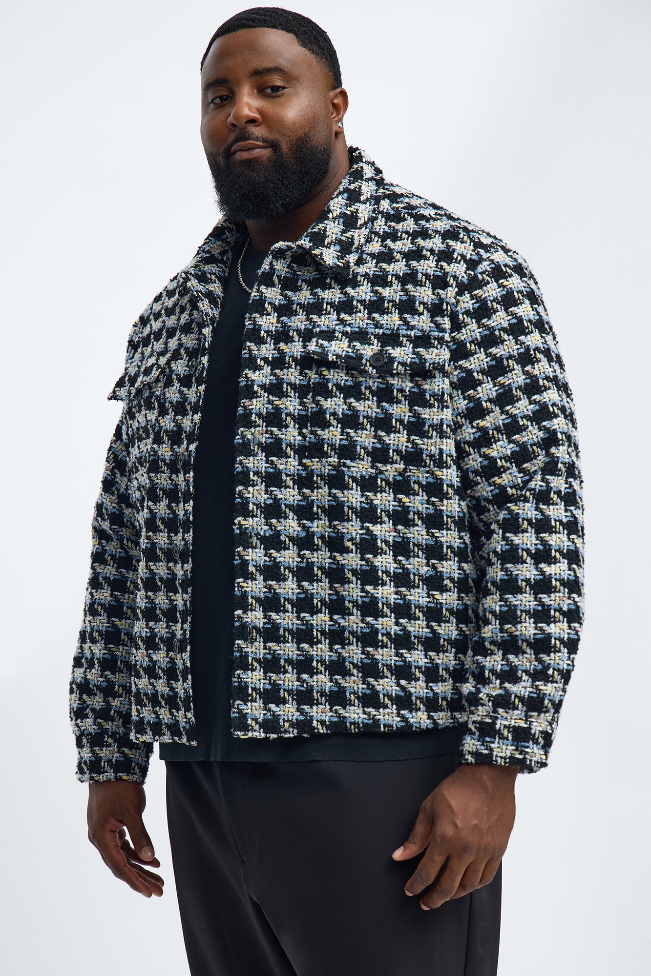 Cropped Textured Boucle Houndstooth Shacket - Black