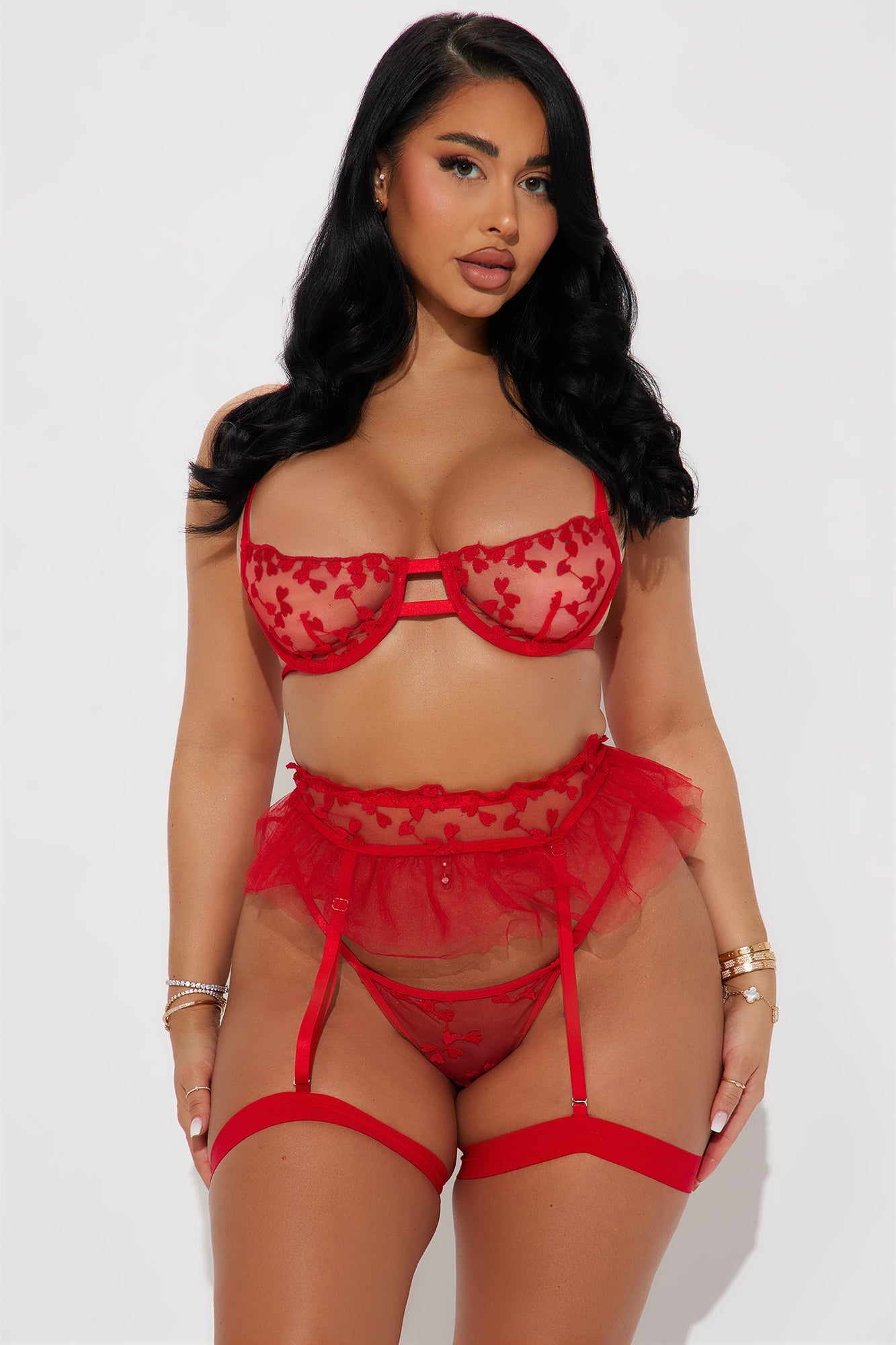 Claudia Embroidery Heart Garter 3 Piece Set - Red