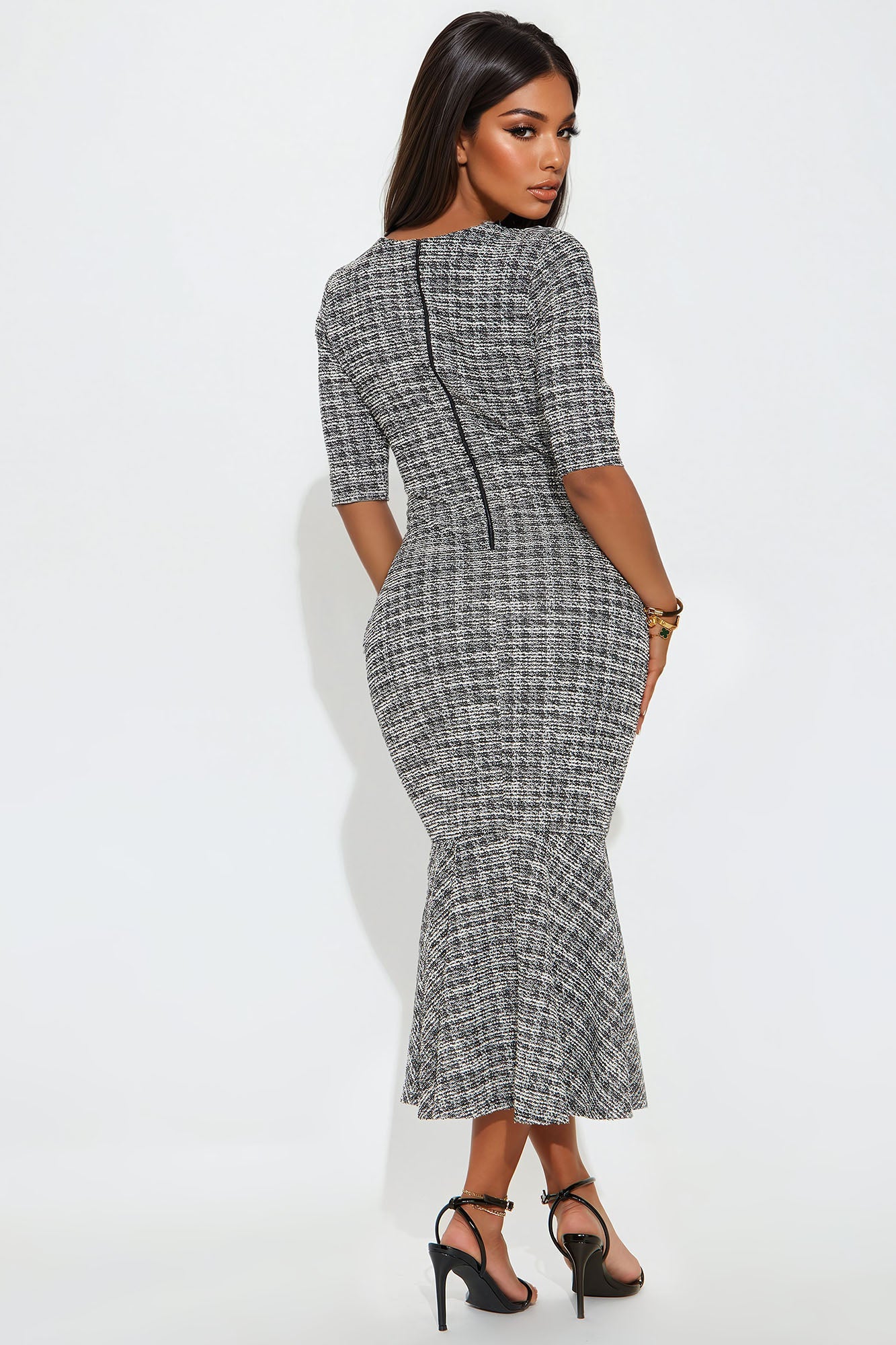 Cara Stretch Tweed Midi Dress - Black
