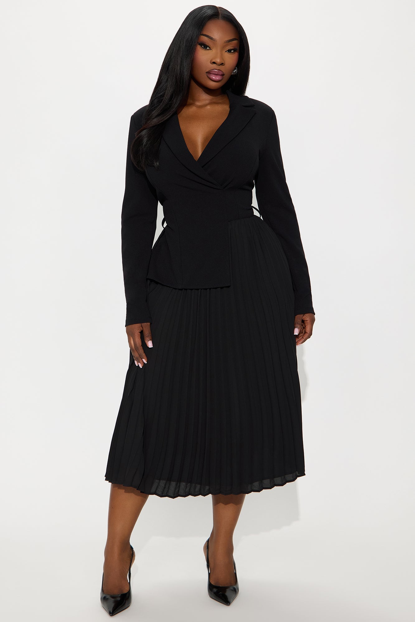 Valli Collar Pleated Midi Dress - Black