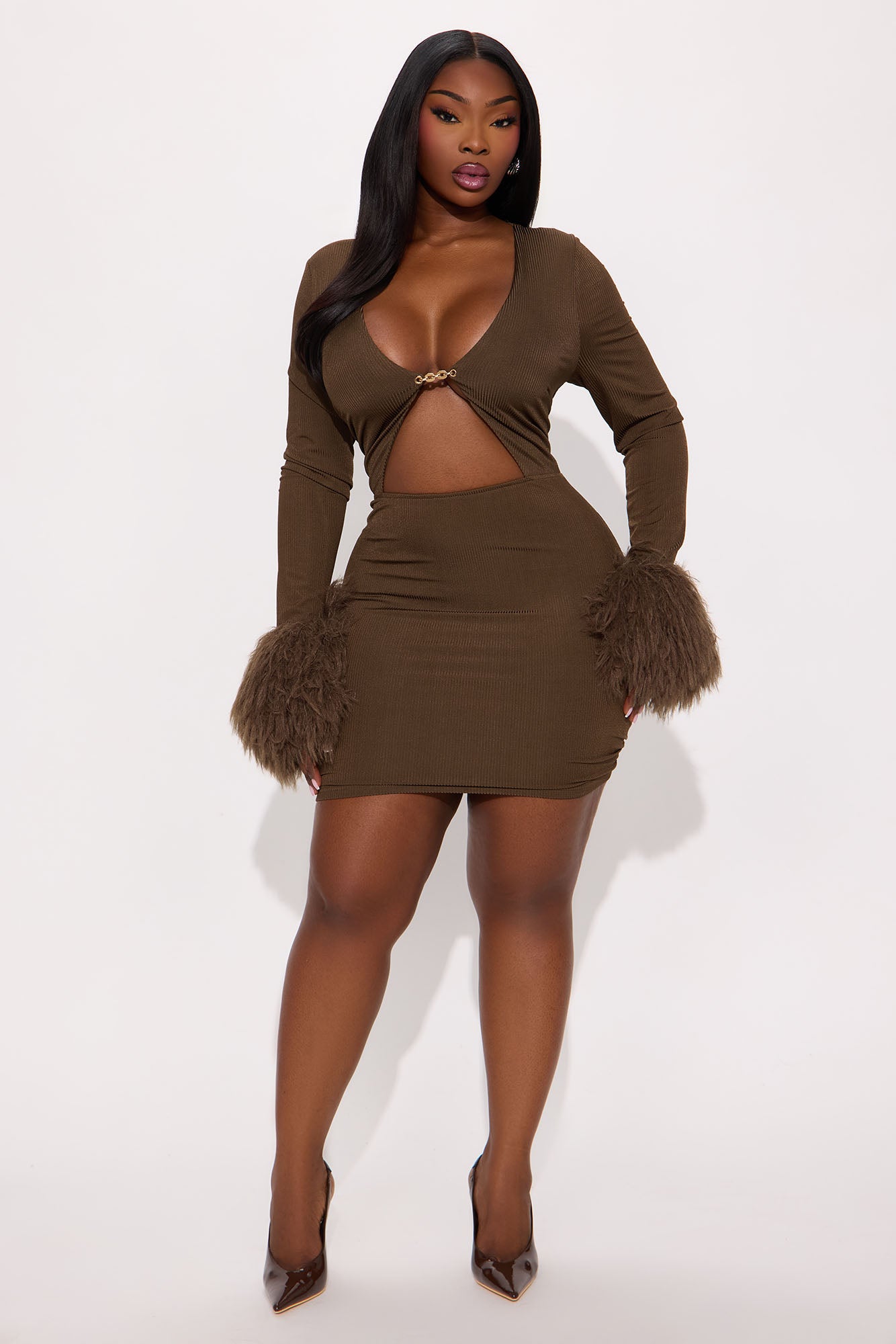 Fuzzy Chic Ribbed Mini Dress - Chocolate