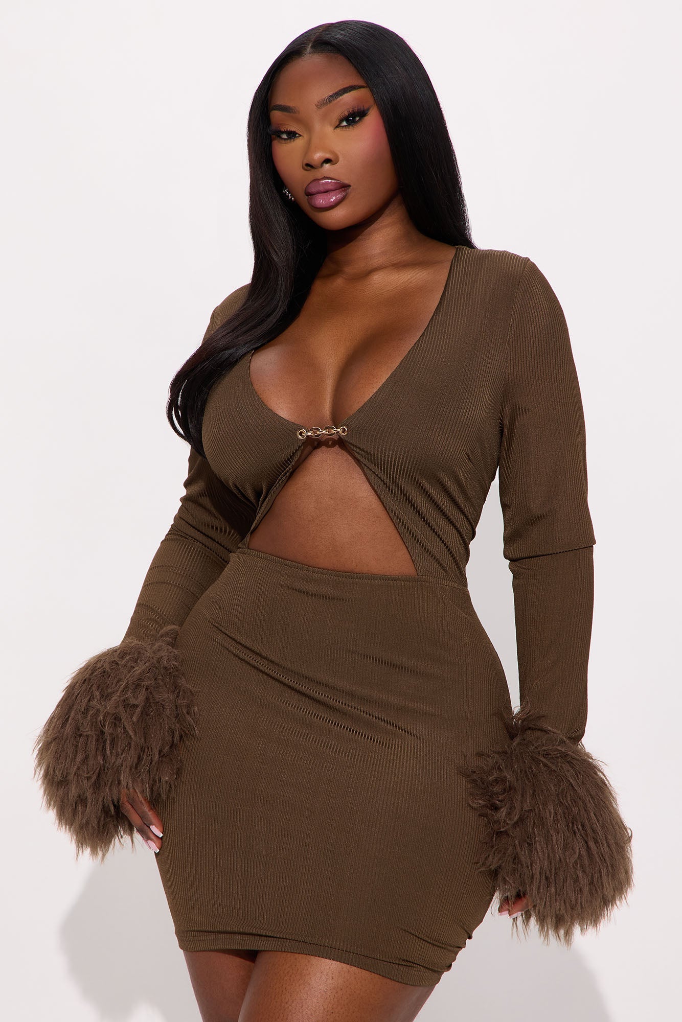 Fuzzy Chic Ribbed Mini Dress - Chocolate