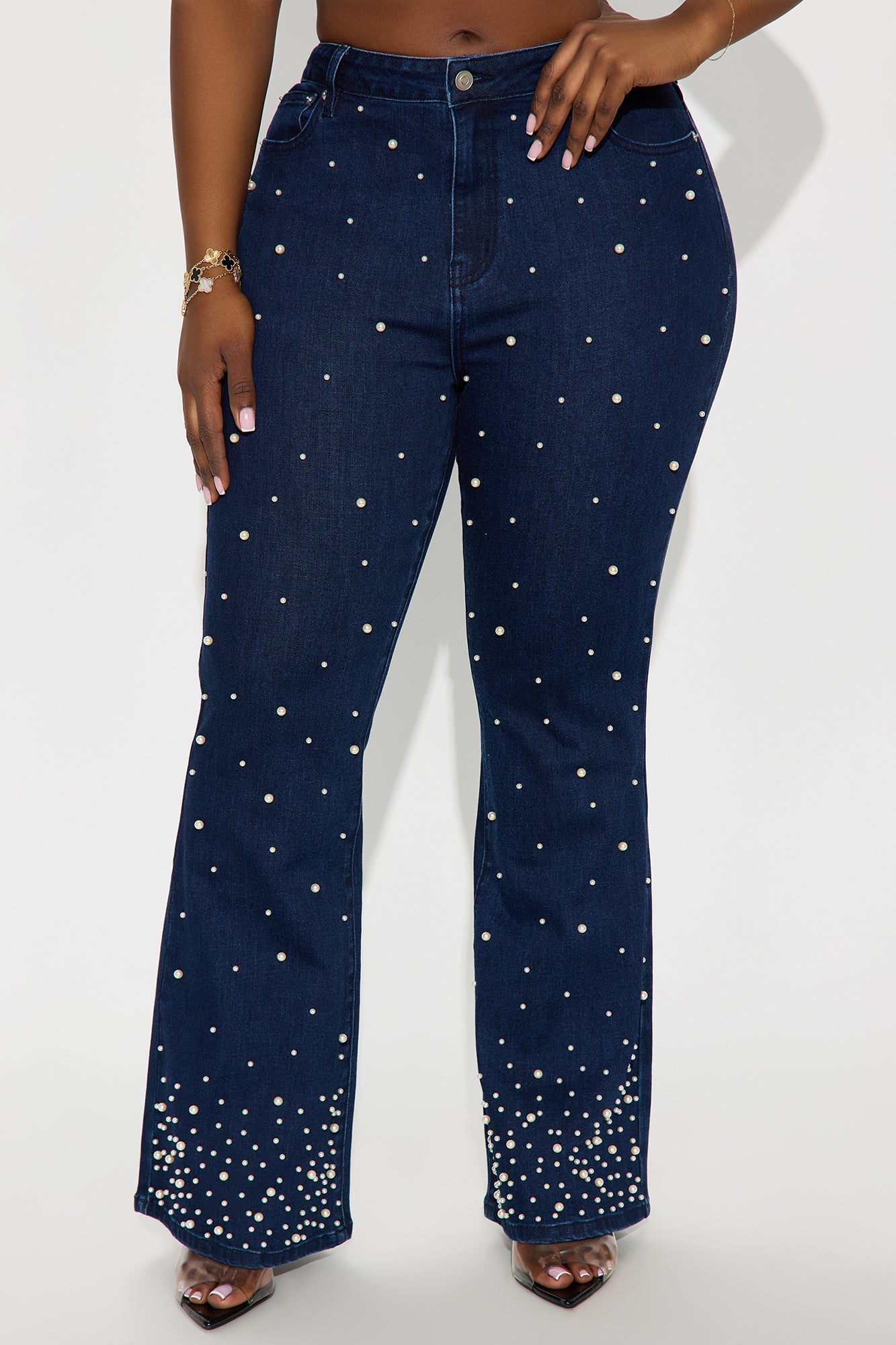 Clutch My Pearls Embellished Flare Leg Jeans - Dark Wash