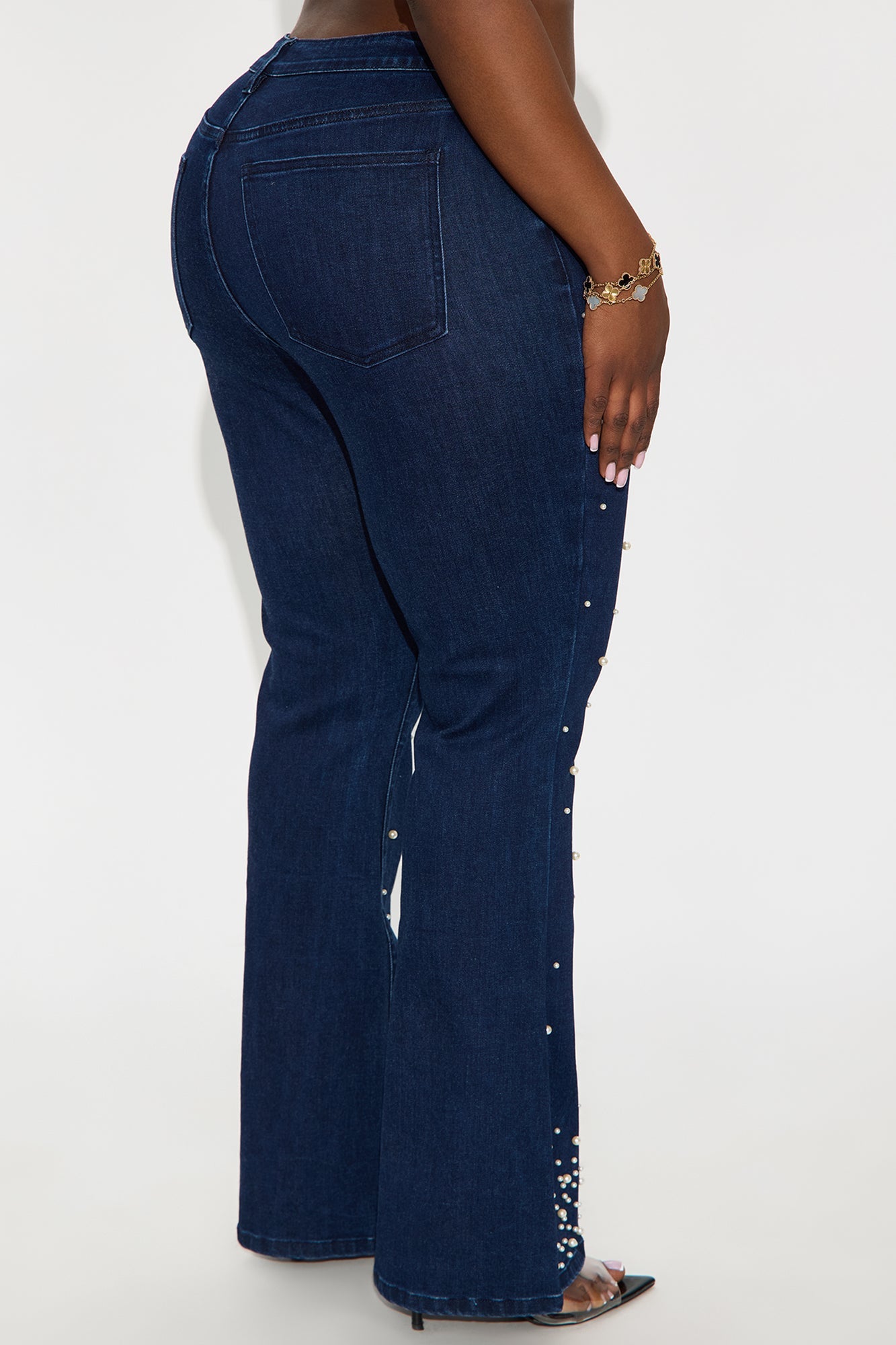 Clutch My Pearls Embellished Flare Leg Jeans - Dark Wash