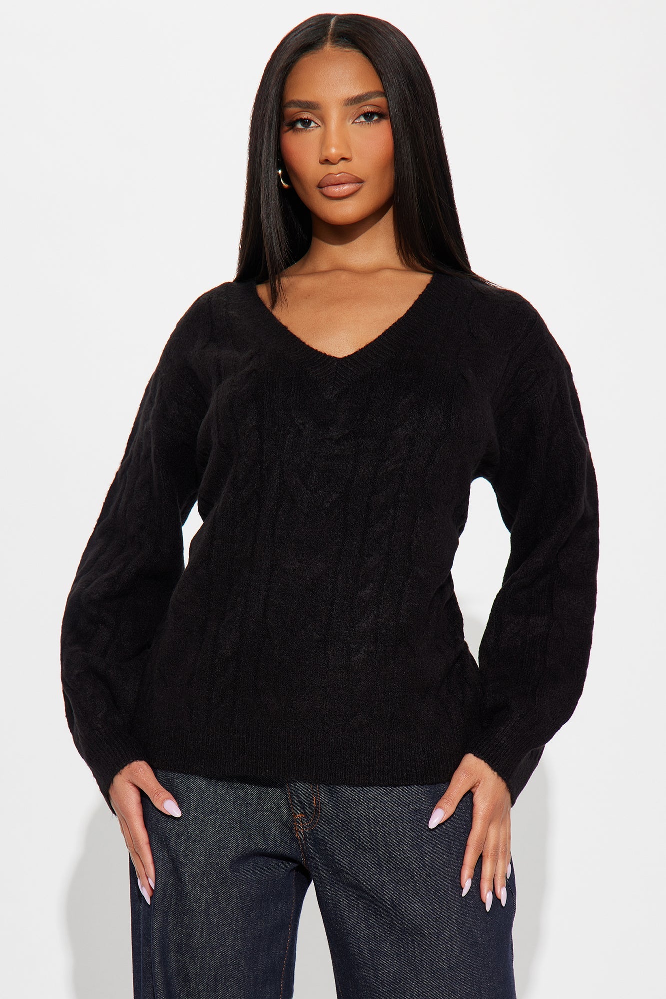 Fireside V Neck Cable Knit Sweater - Black