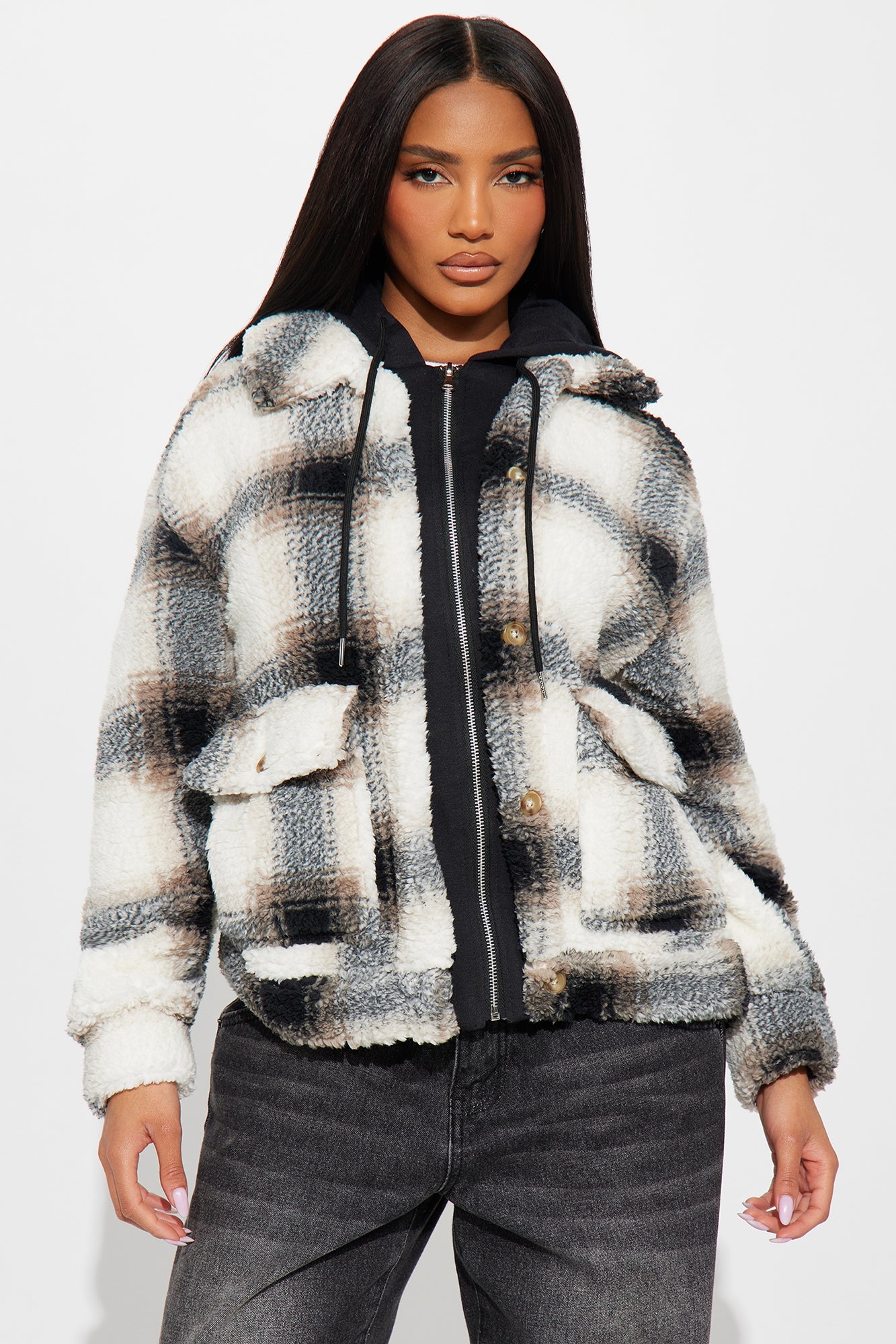 Out Of Town Plaid Sherpa Shacket - Black/combo