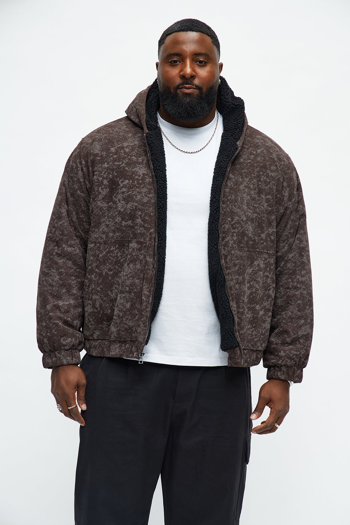 Oversized Corduroy Hooded Bomber Jacket - Brown