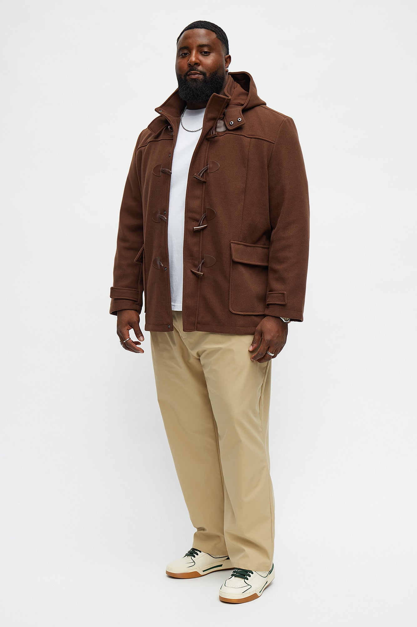 Hooded Faux Wool Rugged Toggle Coat - Brown