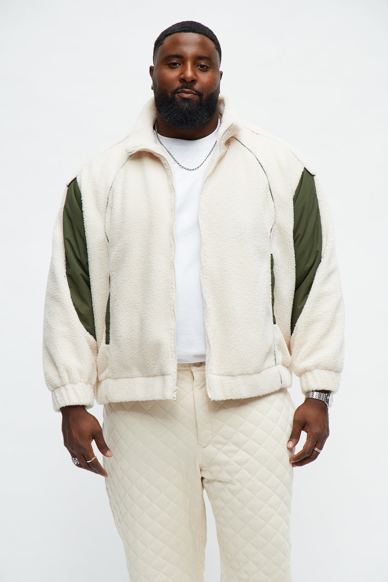 Relaxed Sherpa Paneled Piped Bomber Jacket - Beige