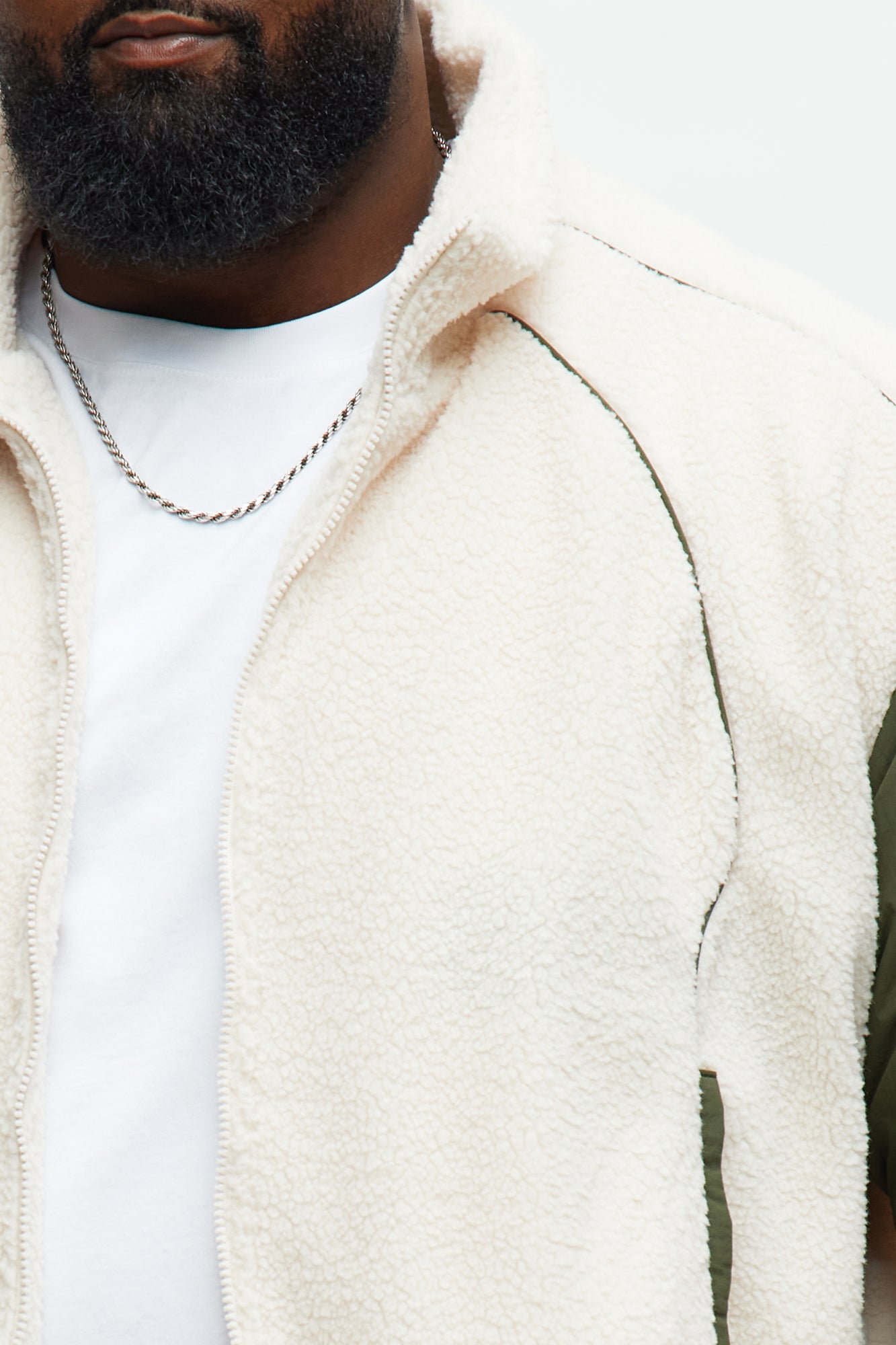 Relaxed Sherpa Paneled Piped Bomber Jacket - Beige