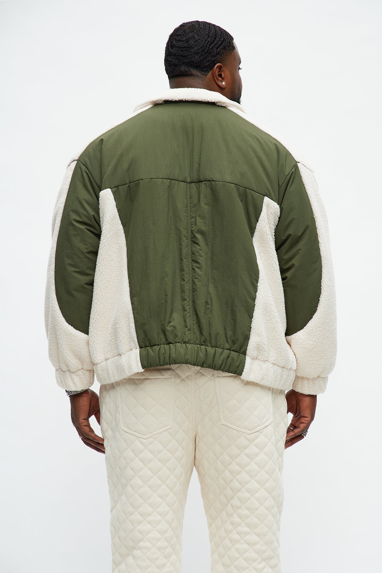 Relaxed Sherpa Paneled Piped Bomber Jacket - Beige