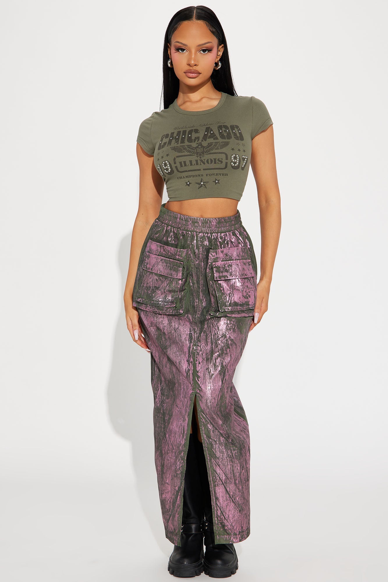 Down And Dirty Metallic Foil Cargo Maxi Skirt - Green