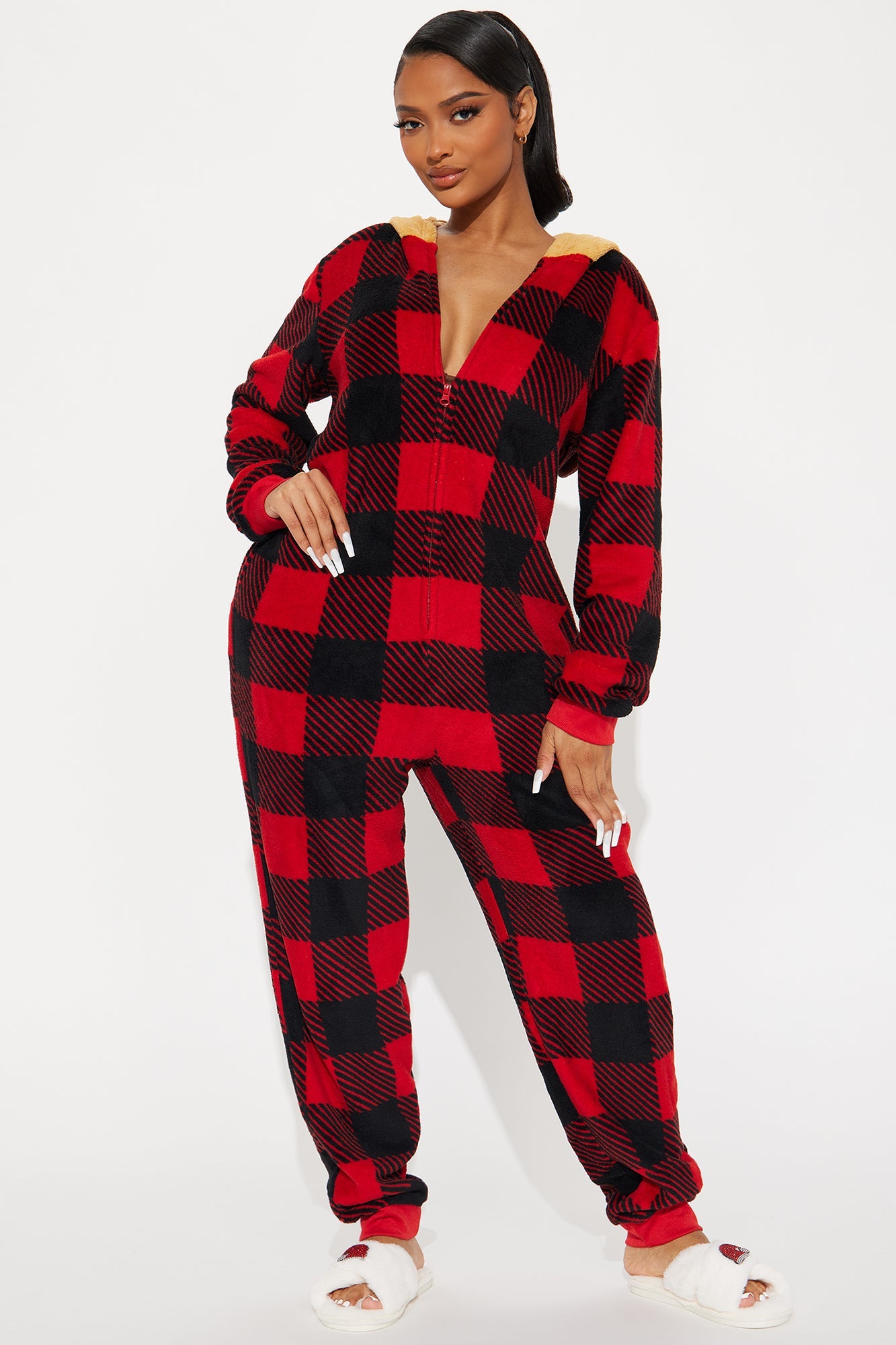 Pup And Me Reindeer Plush PJ Jumpsuit Onesie Set - Red/Black