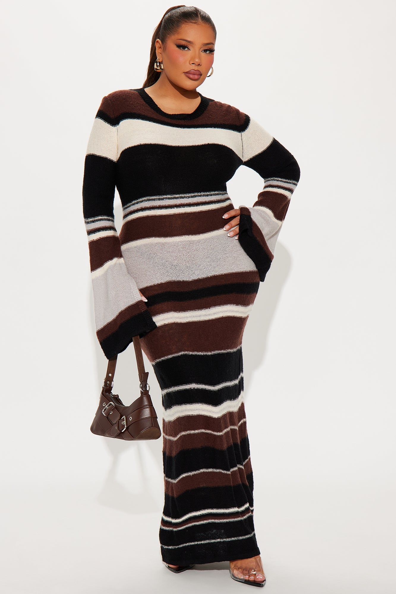 Mila Bell Sleeve Sweater Maxi Dress - Brown/combo