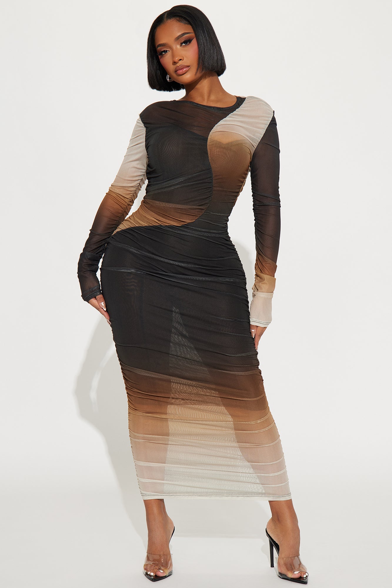 Sonia Mesh Maxi Dress - Brown Combo