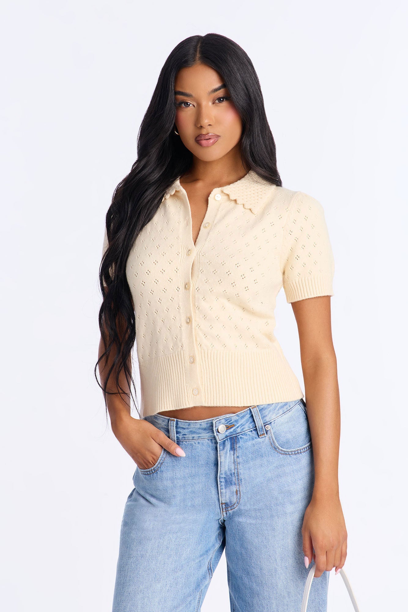 Vintage Pointelle Sweater Top - Cream