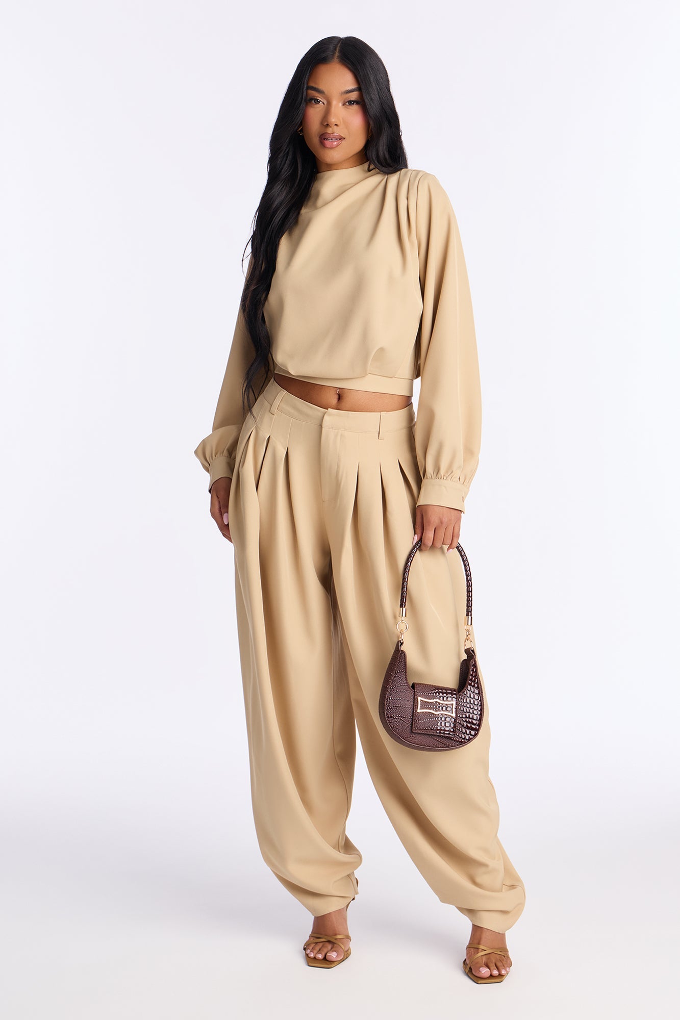 Inez Long Sleeve Pleated Balloon Pant Set - Khaki