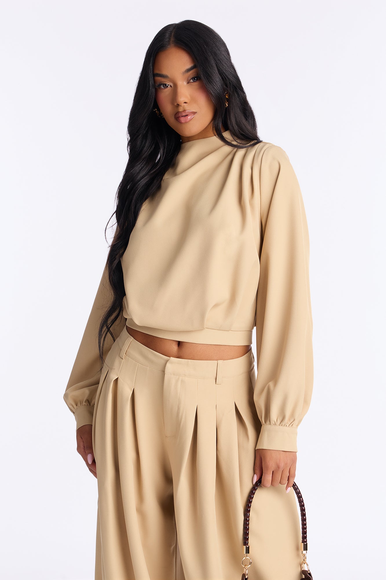 Inez Long Sleeve Pleated Balloon Pant Set - Khaki