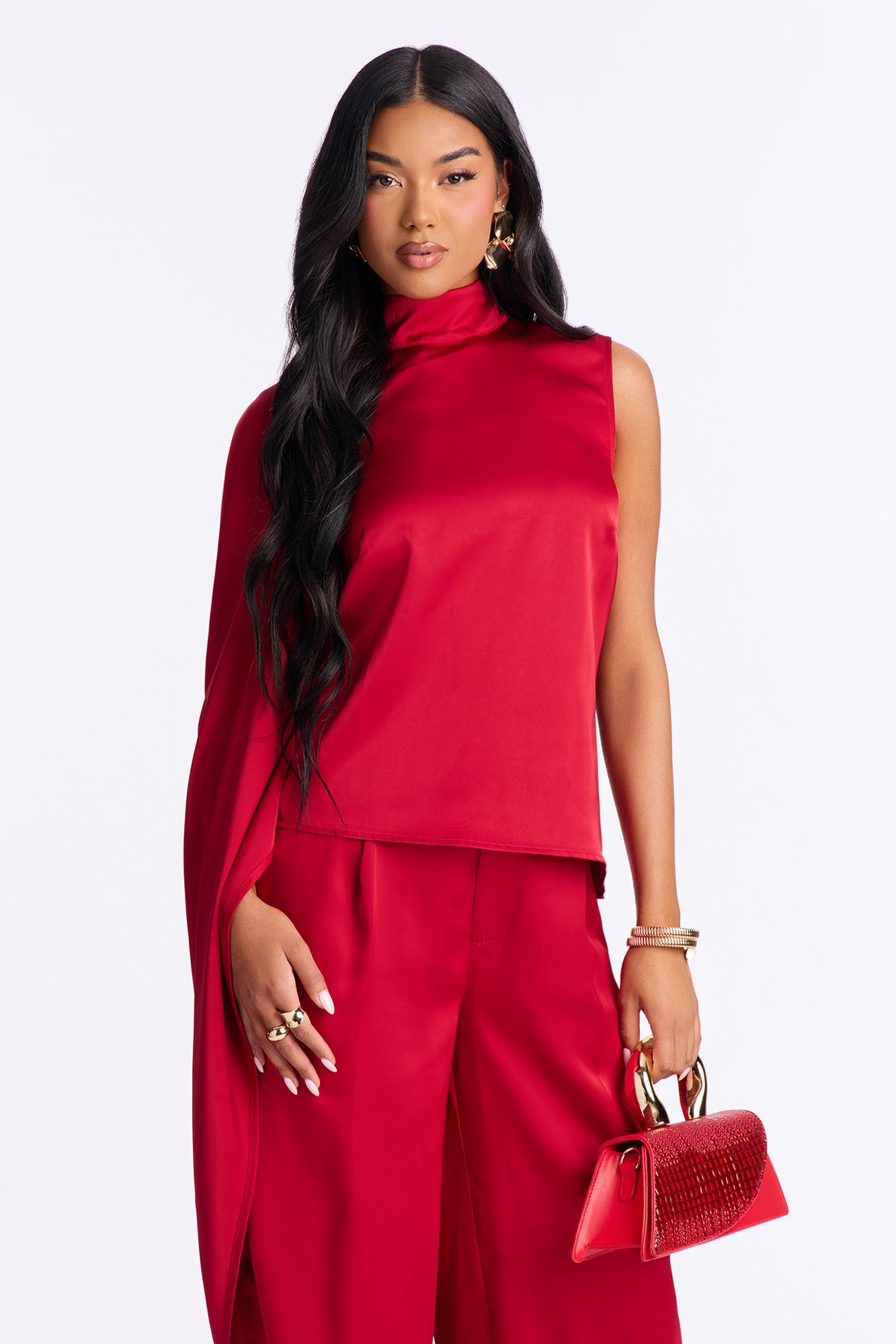 Karina Mock Neck Asymmetrical Wide Leg Pant Set - Red