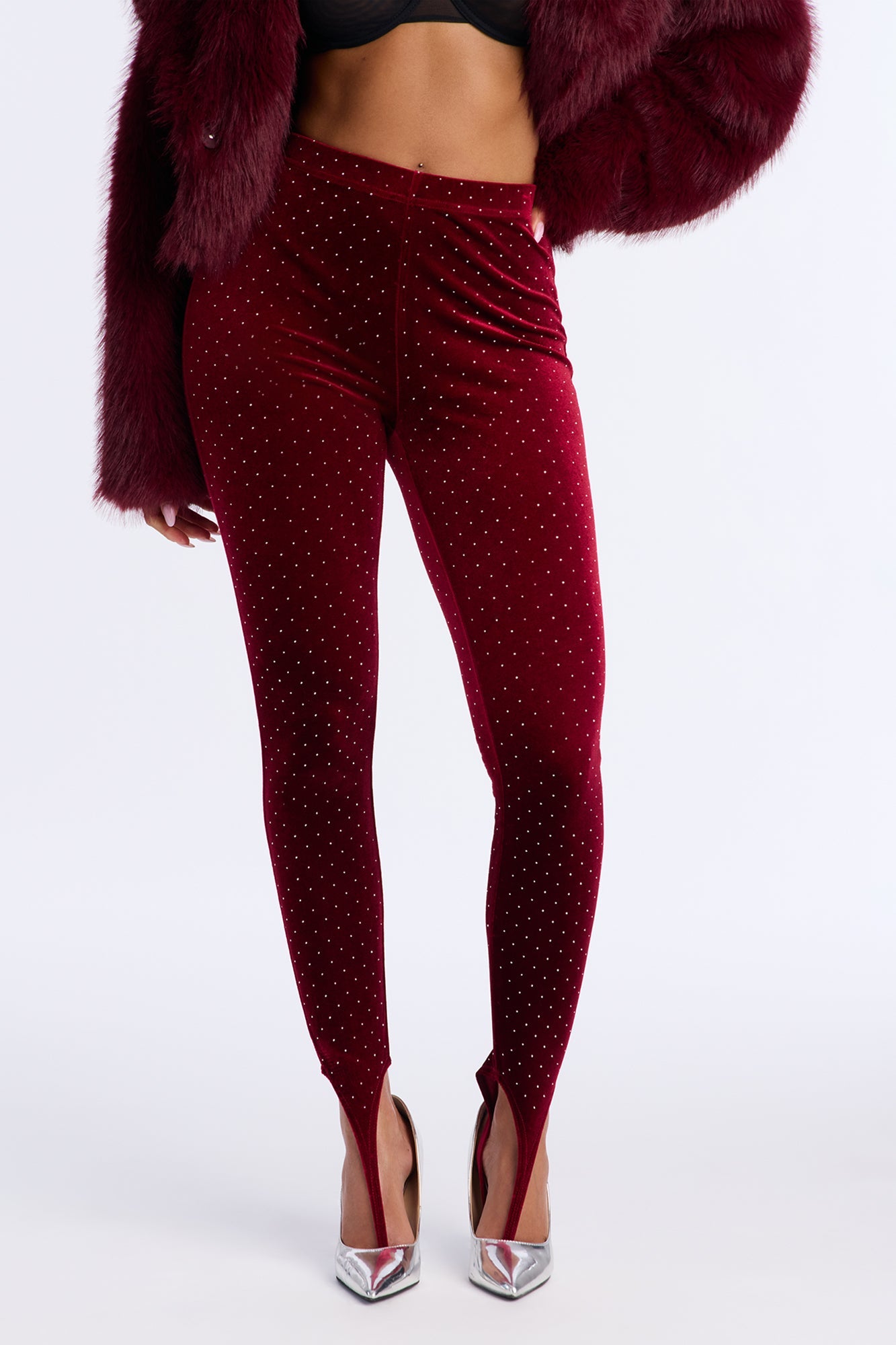 Seasonal Essence Embellished Velvet Stirrup Legging - Burgundy
