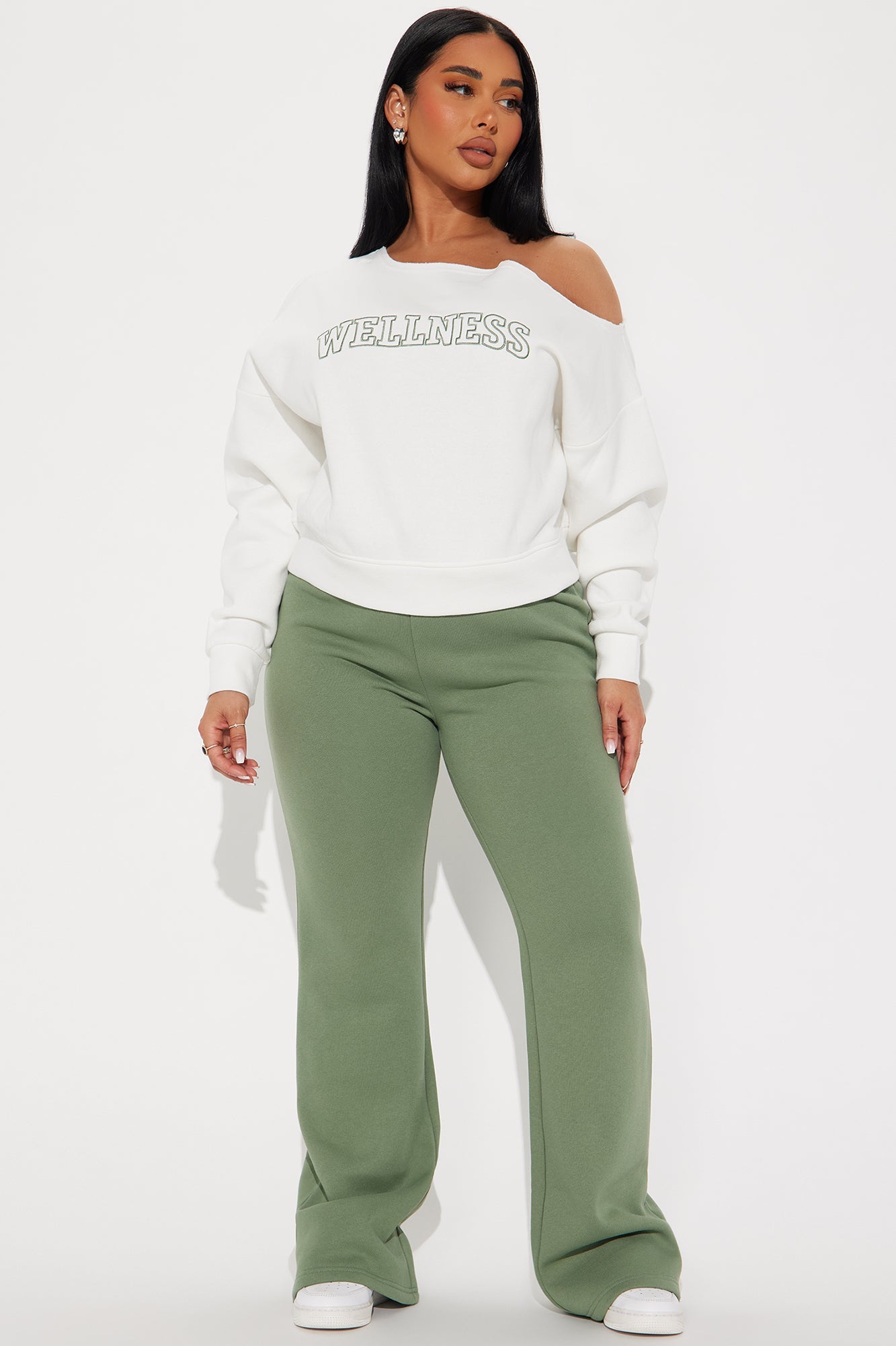 Wellness Off Shoulder Sweatsuit Set - Sage/combo