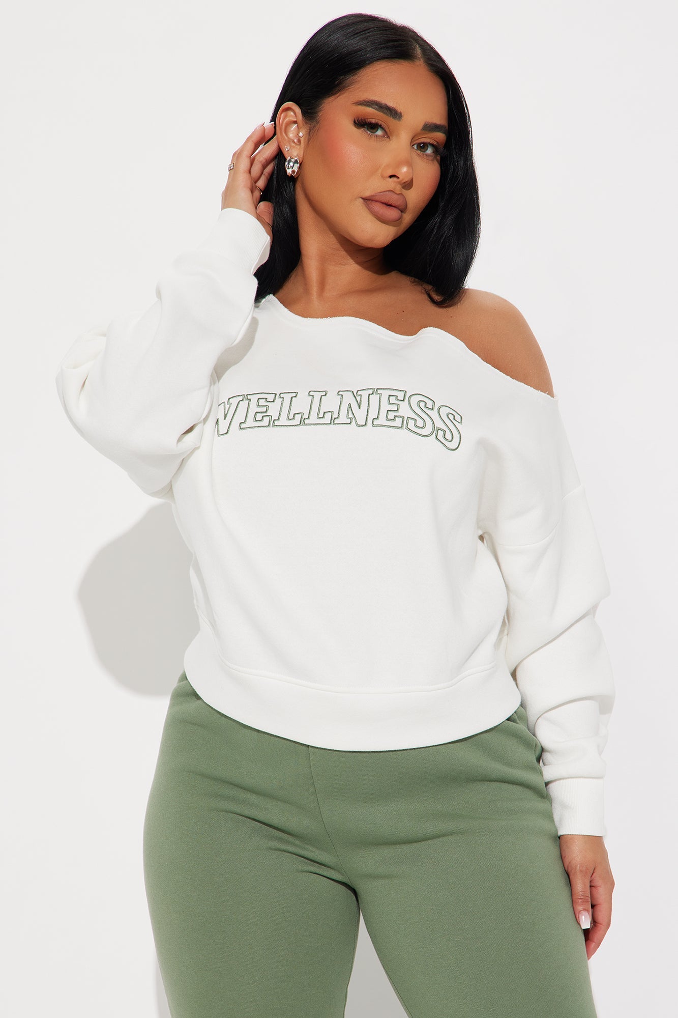 Wellness Off Shoulder Sweatsuit Set - Sage/combo