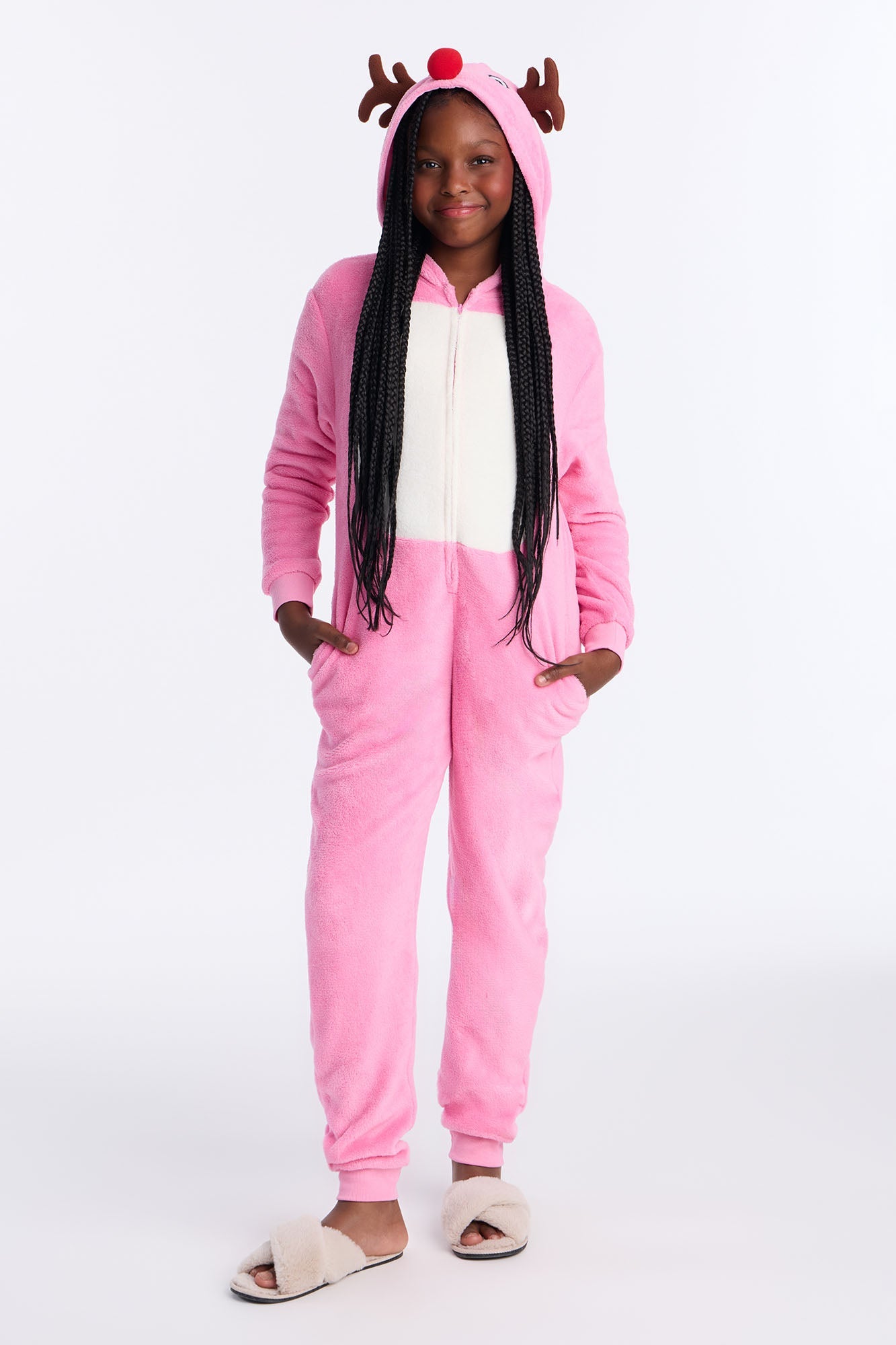 Mini Reindeer Plush Jumpsuit Onesie Set - Pink