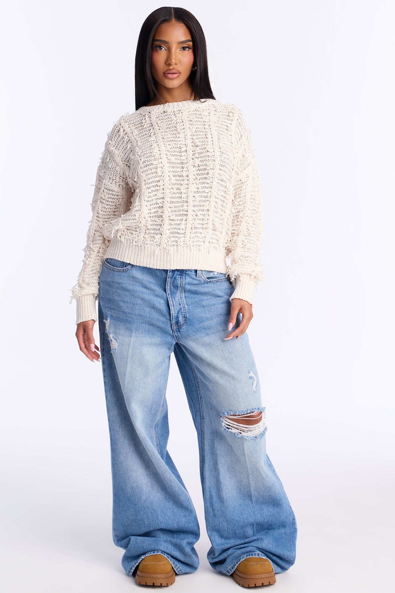 Fringe With Benefits Long Sleeve Pullover Sweater - Ivory