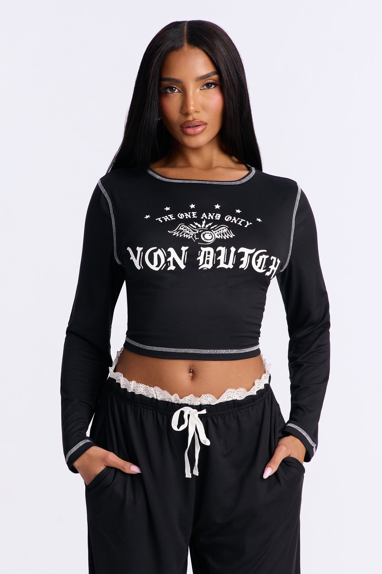 Von Dutch Long Sleeve PJ Pant Set - Black/White