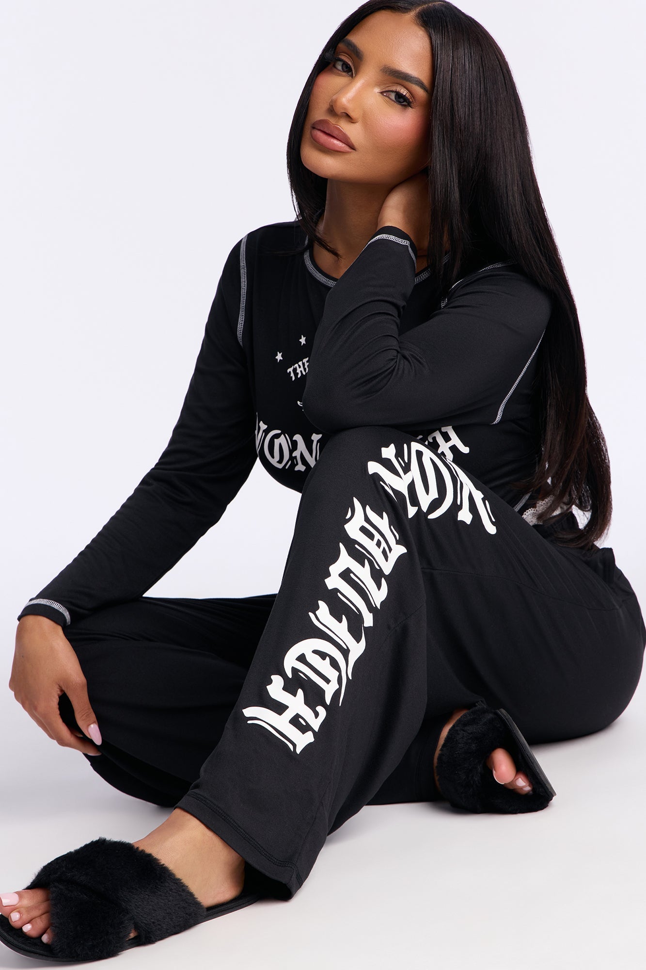 Von Dutch Long Sleeve PJ Pant Set - Black/White