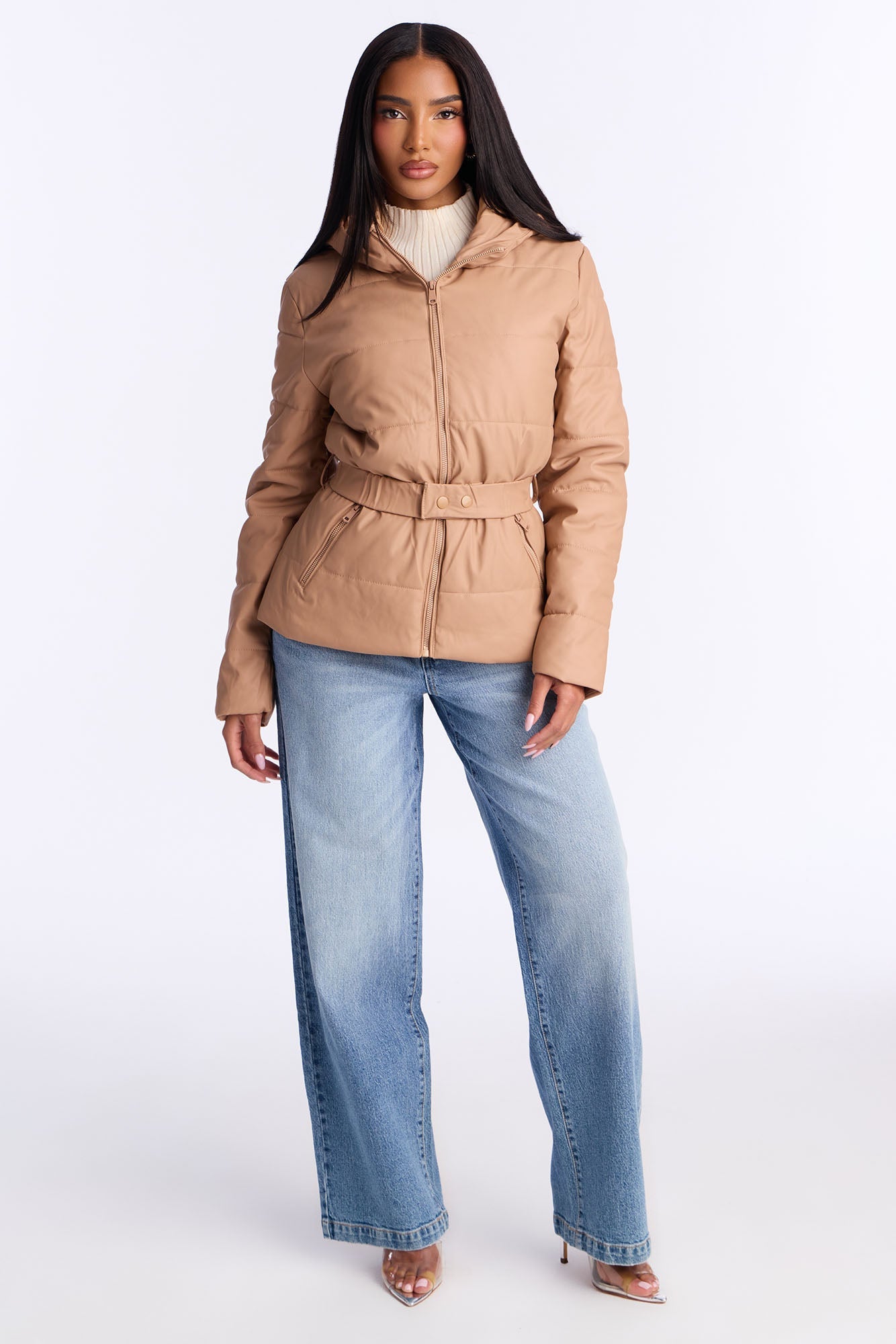 City Nights Faux Leather Puffer Jacket - Taupe