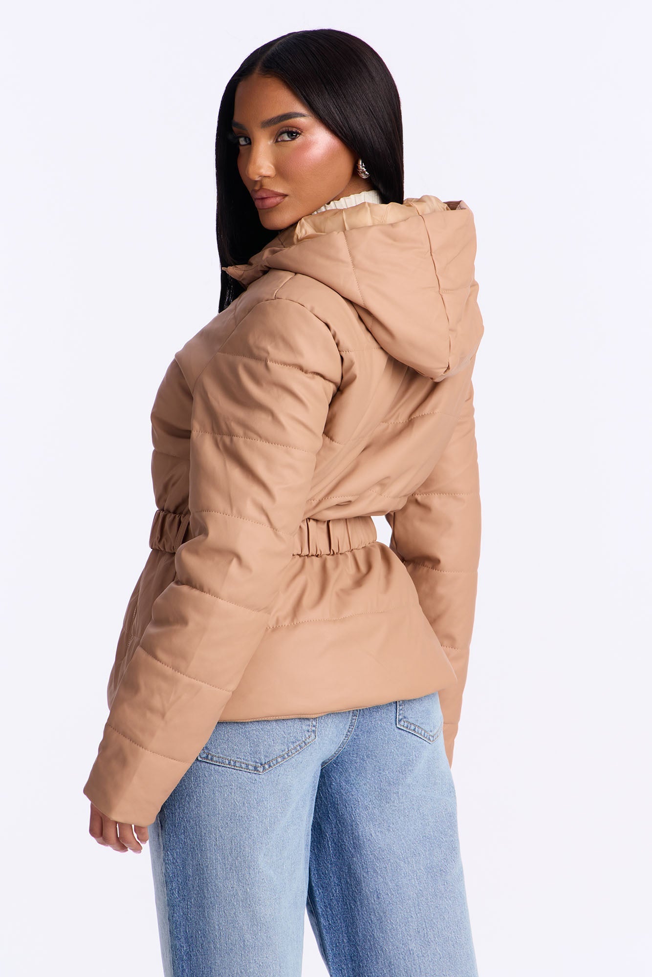 City Nights Faux Leather Puffer Jacket - Taupe