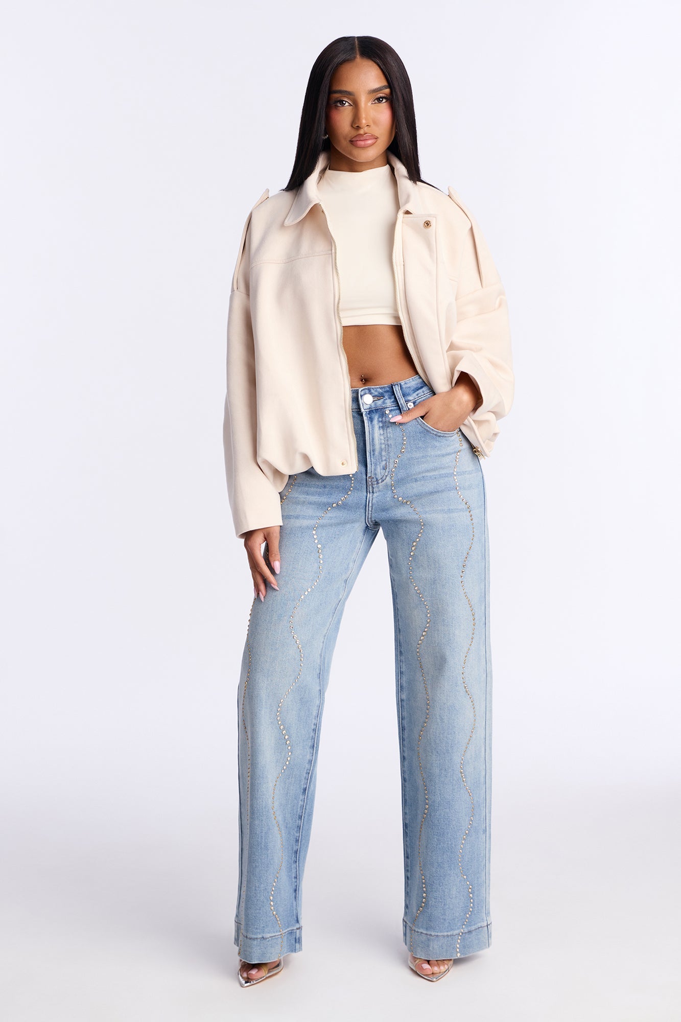Ready To Shine Embellished Straight Leg Jeans - Light Wash