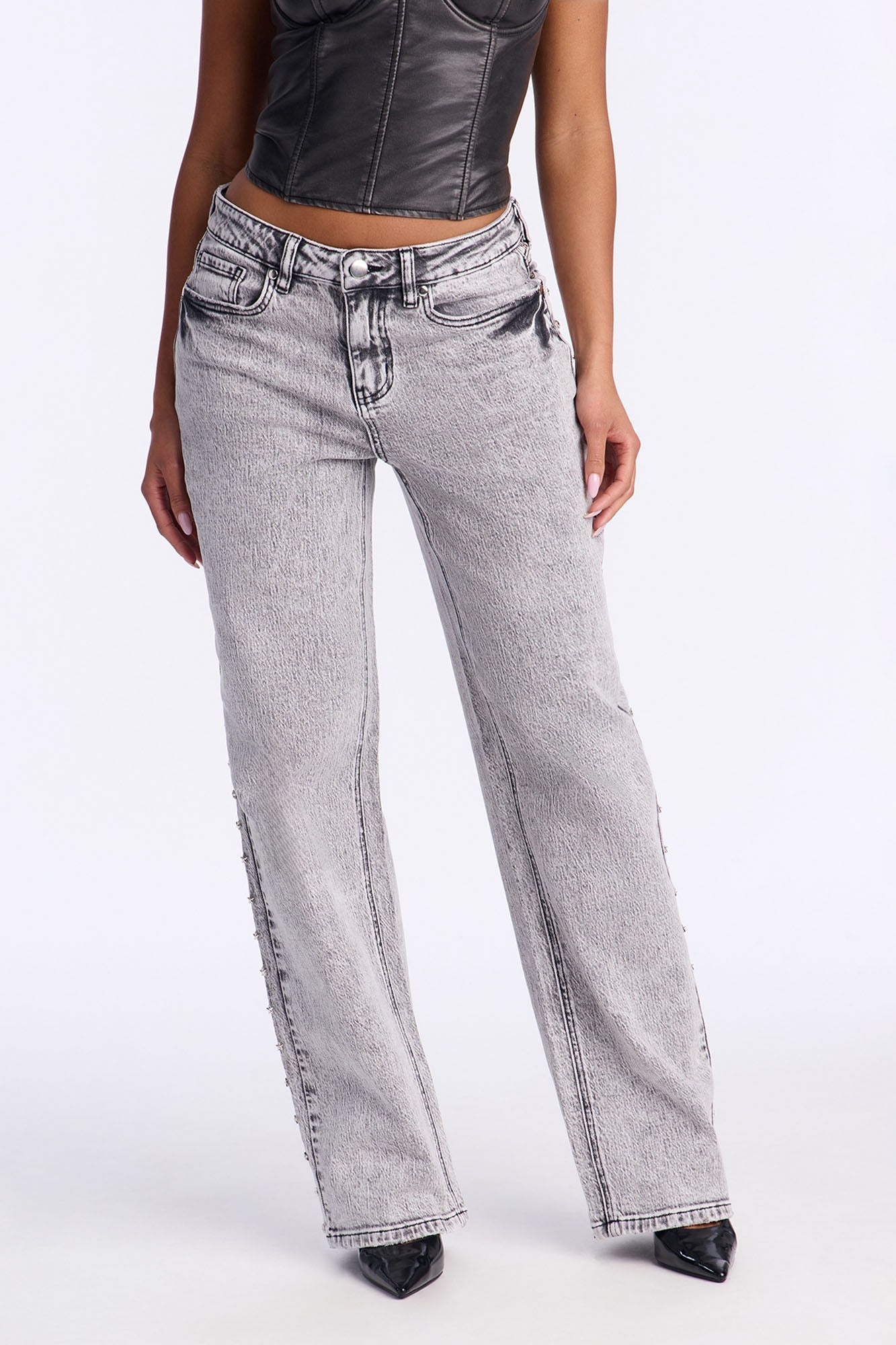 Shining Star Embellished Straight Leg Jeans - Grey