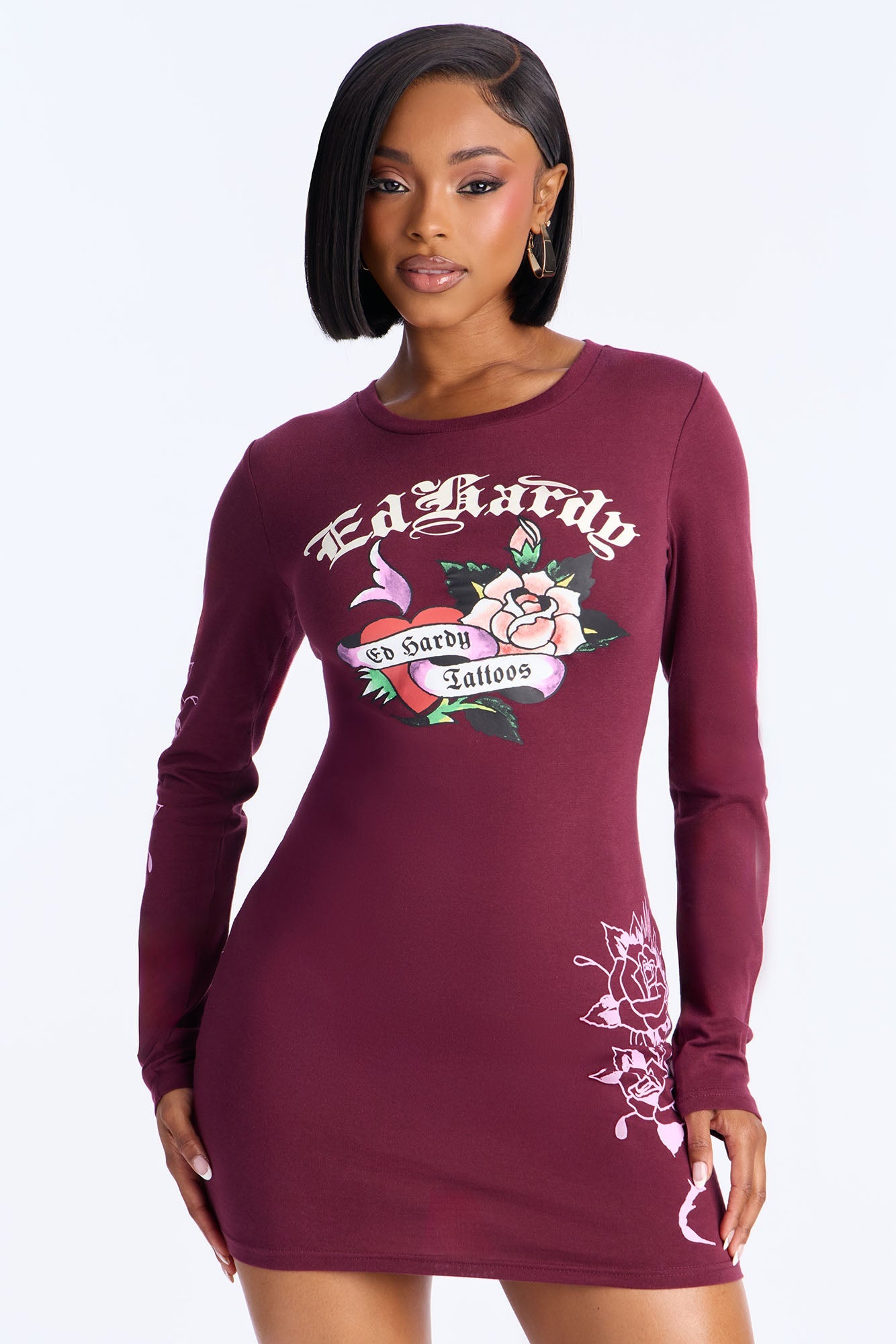 Ed Hardy Heart & Rose Long Sleeve Mini Dress - Wine