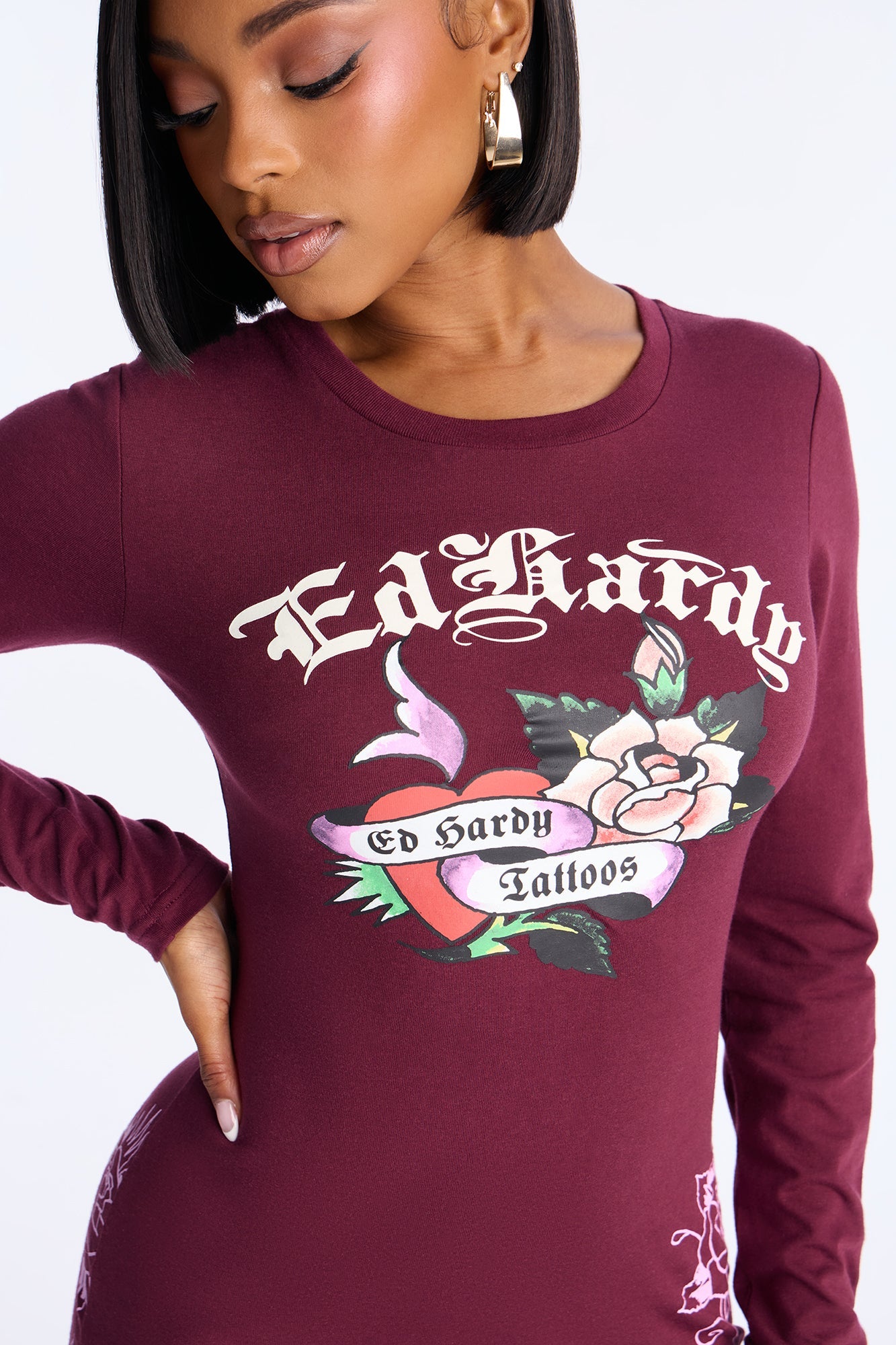 Ed Hardy Heart & Rose Long Sleeve Mini Dress - Wine