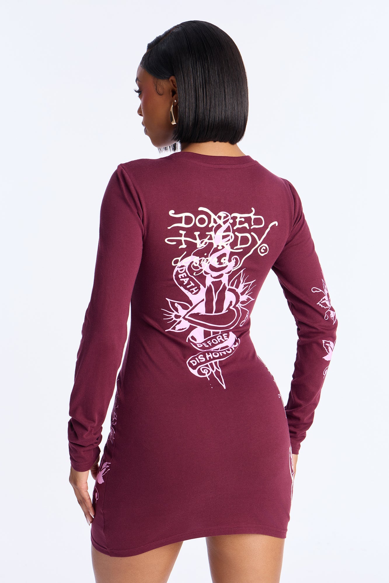 Ed Hardy Heart & Rose Long Sleeve Mini Dress - Wine