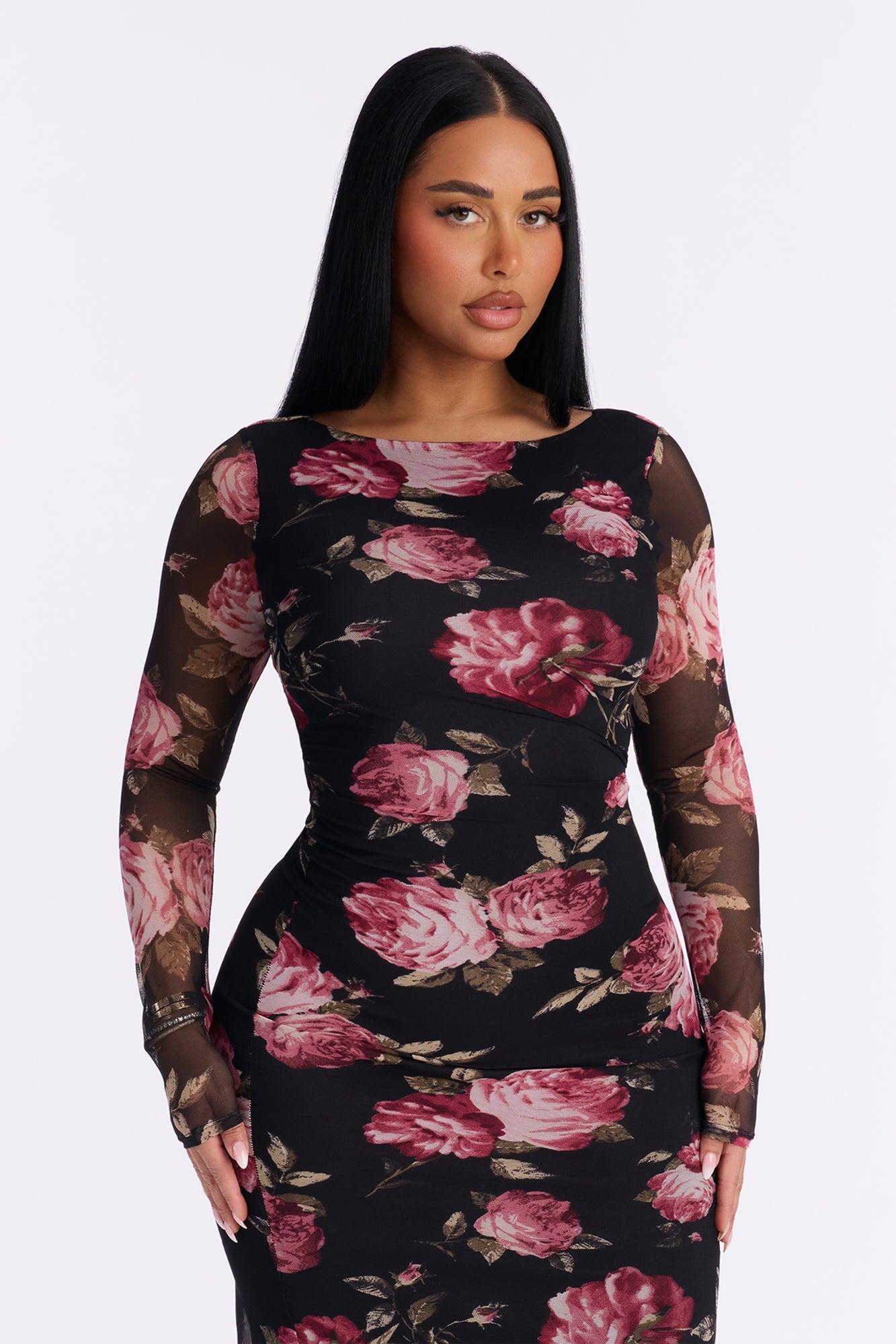 Suri Floral Mesh Midi Dress - Black/Pink