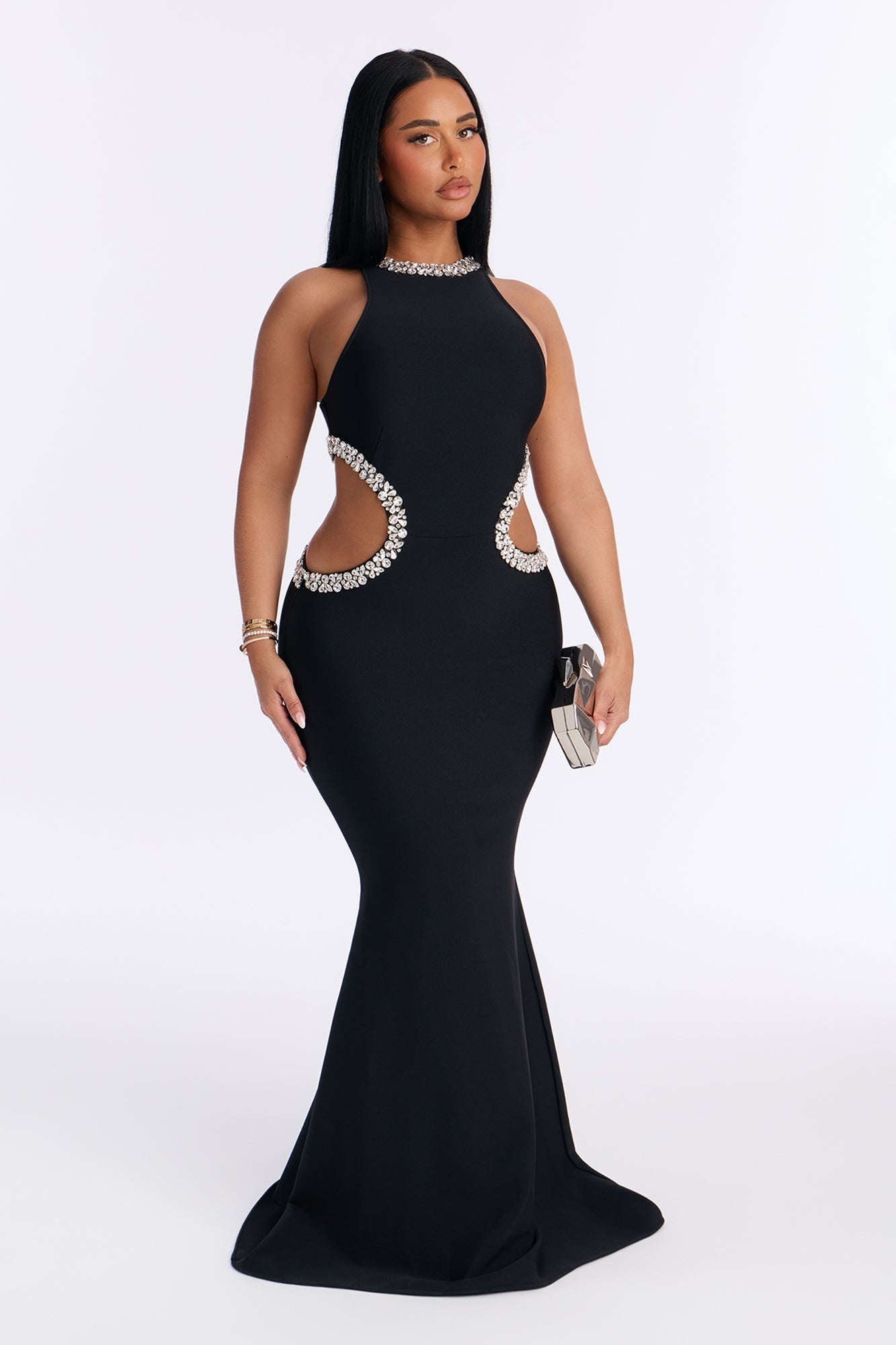 Riah Rhinestone Trim Bandage Gown - Black