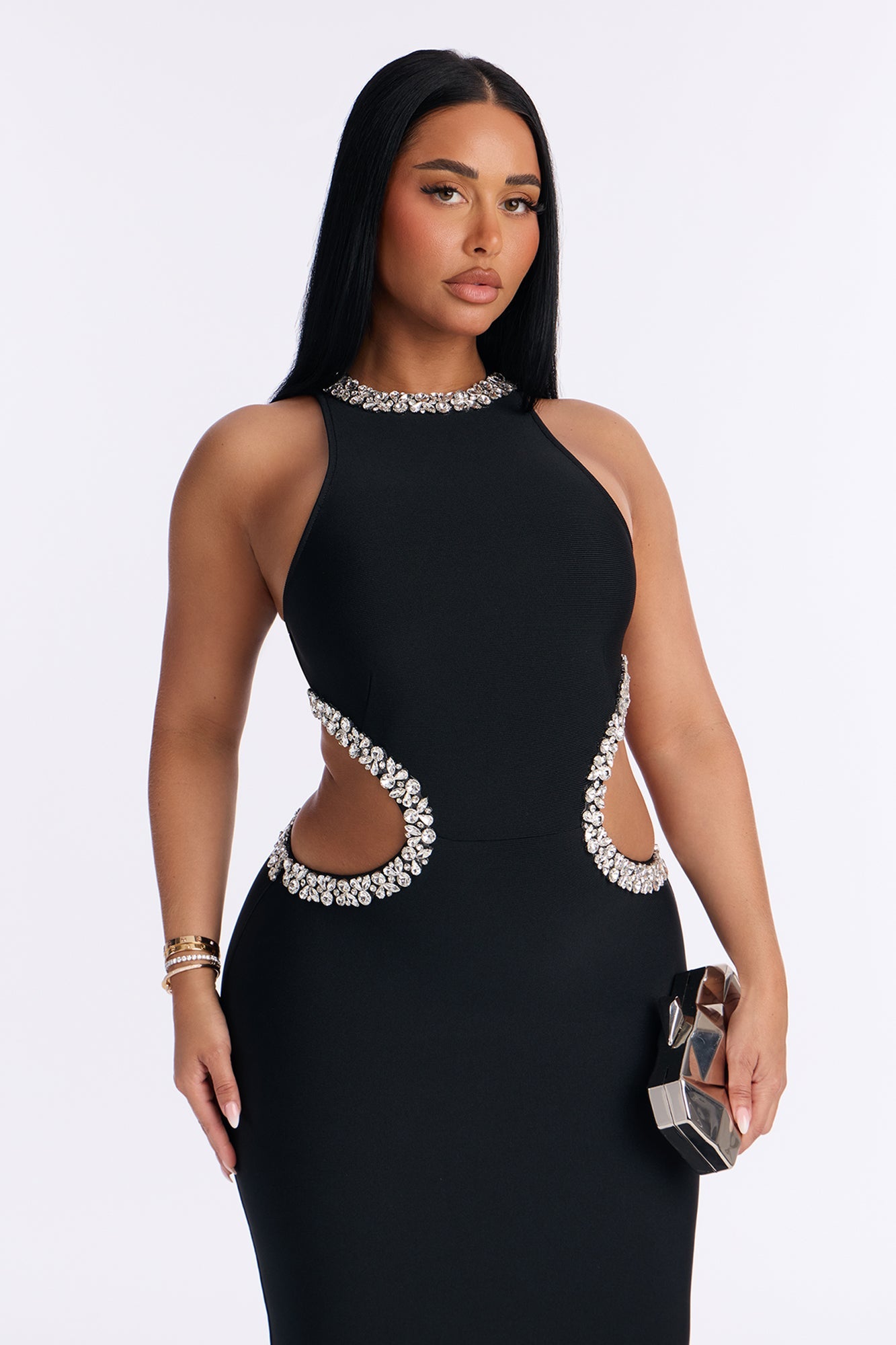Riah Rhinestone Trim Bandage Gown - Black