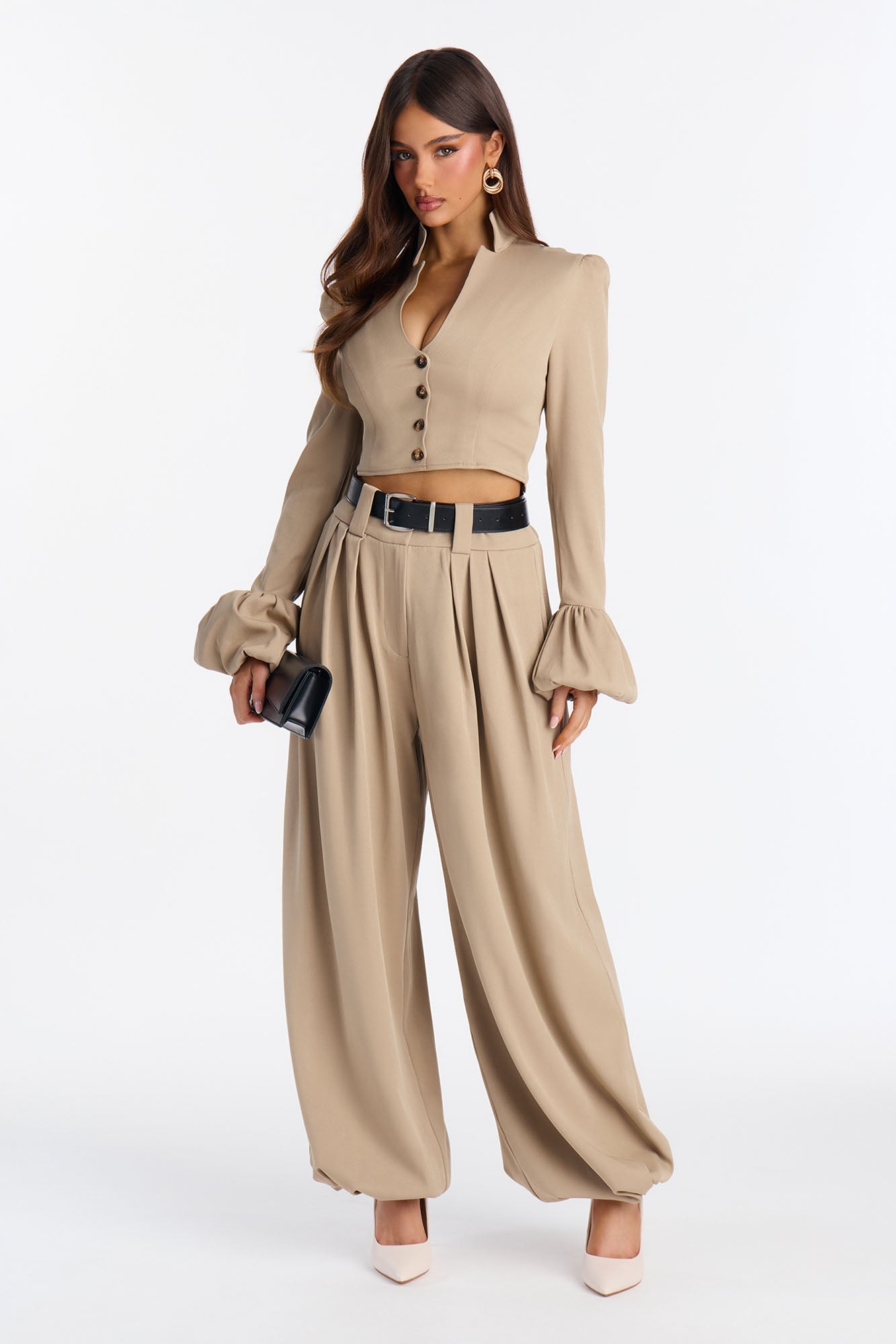 Sharp And Chic Balloon Pant Set - Taupe