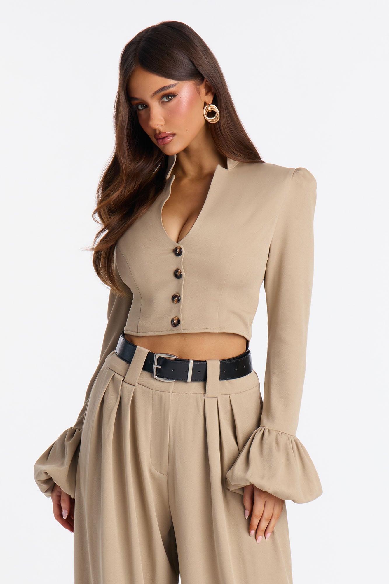 Sharp And Chic Balloon Pant Set - Taupe