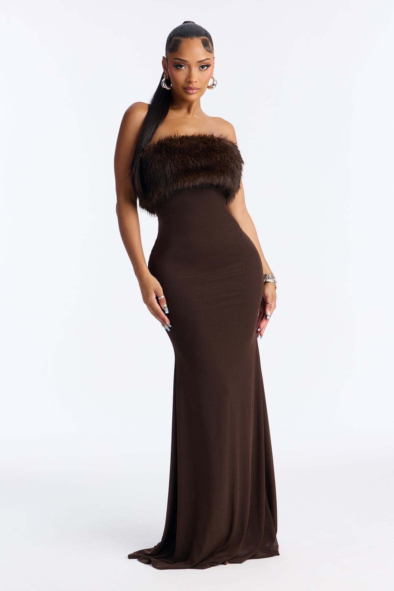 Glam Theory 2 Piece Faux Fur Gown - Chocolate