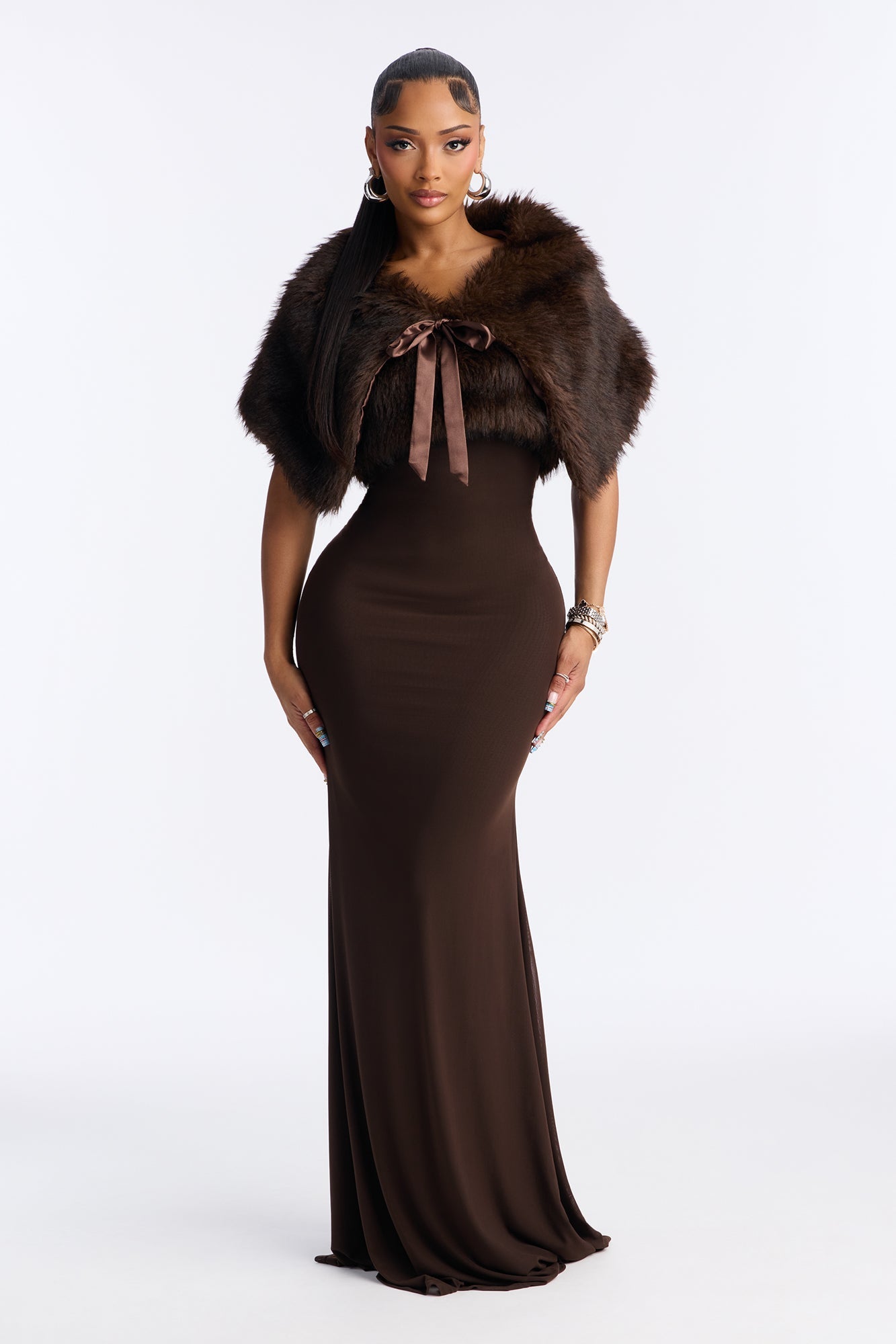 Glam Theory 2 Piece Faux Fur Gown - Chocolate